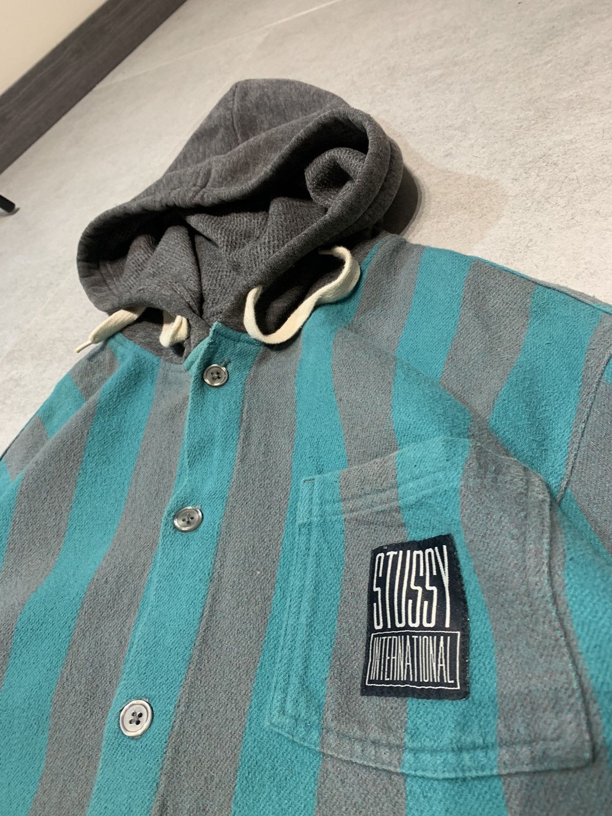 Stussy × Vintage Vintage Y2K Stussy dark Green Grey striped chunky Cardigan Size US L / EU 52-54 / 3 - 2 Thumbnail