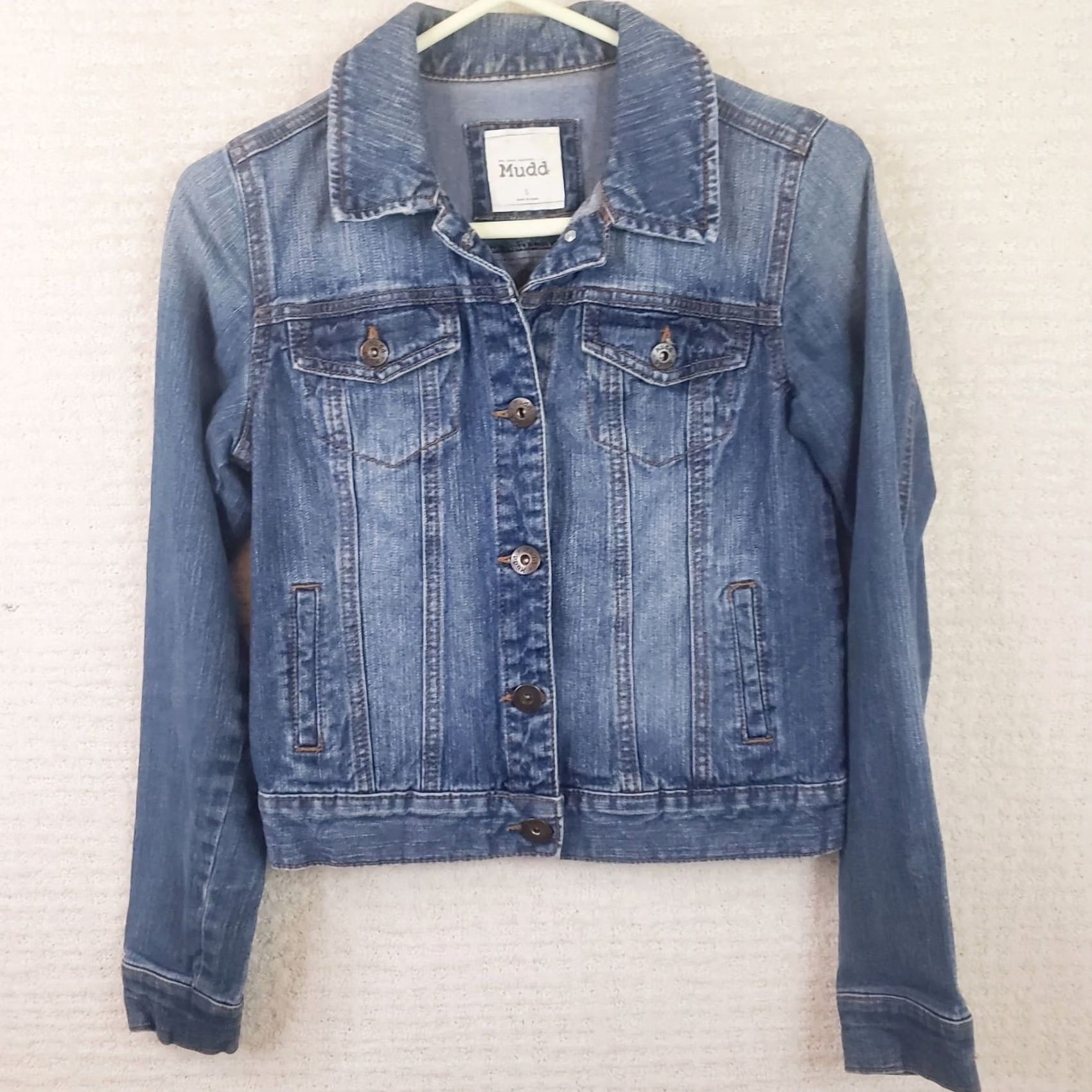 Denime Mudd Womens Denim Jacket Juniors Light Blue Wash Button Down Distressed SMALL Jacket Women S Cotton Denim Solid Pockets Collared Buttons Vintage No Size S / US 4 / IT 40 - 2 Thumbnail