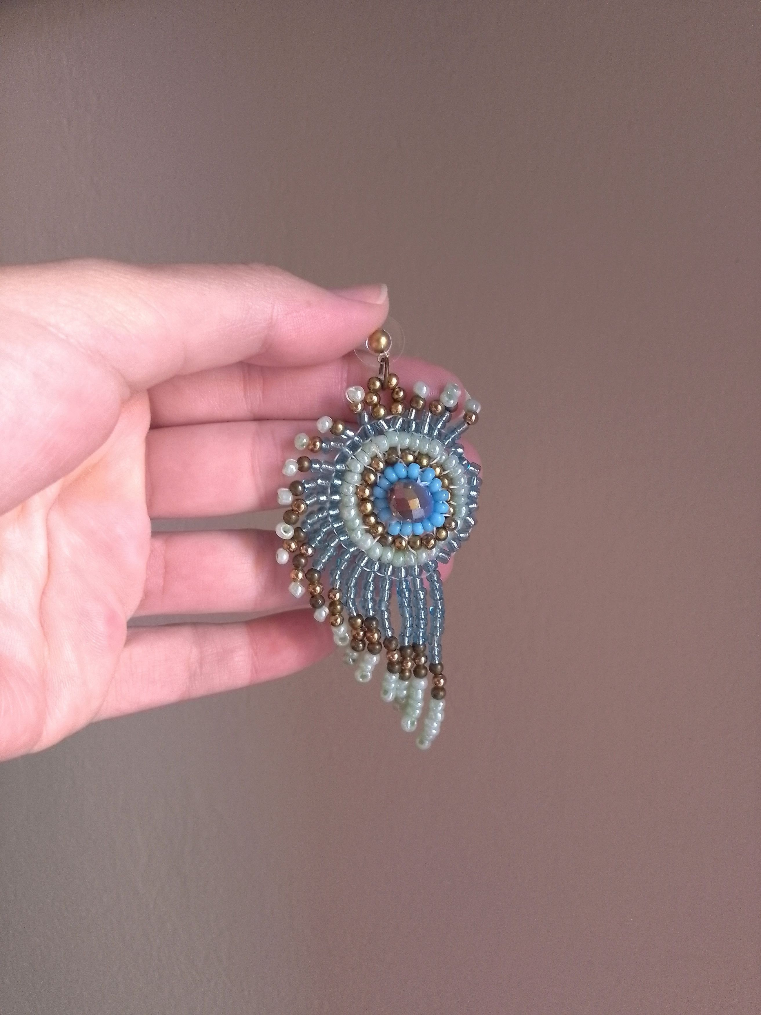 Handmade Earrings Long Crystal Green Turquoise Peacock Feather Size ONE SIZE - 3 Thumbnail
