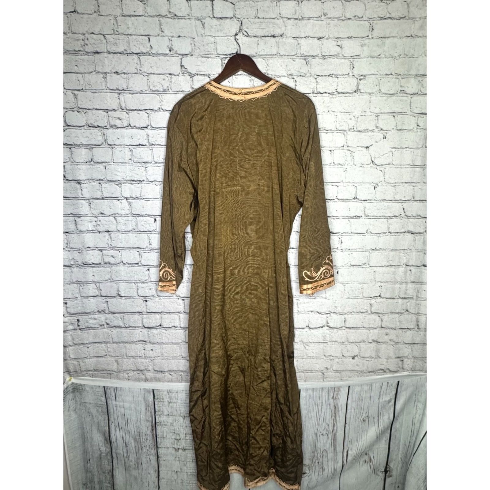 Vintage Moustafa Maxi Shirt Dress Women XL Gold Egypt Oversized V-Neck Cotton Long Sleeve? Size XL / US 12-14 / IT 48-50 - 3 Thumbnail