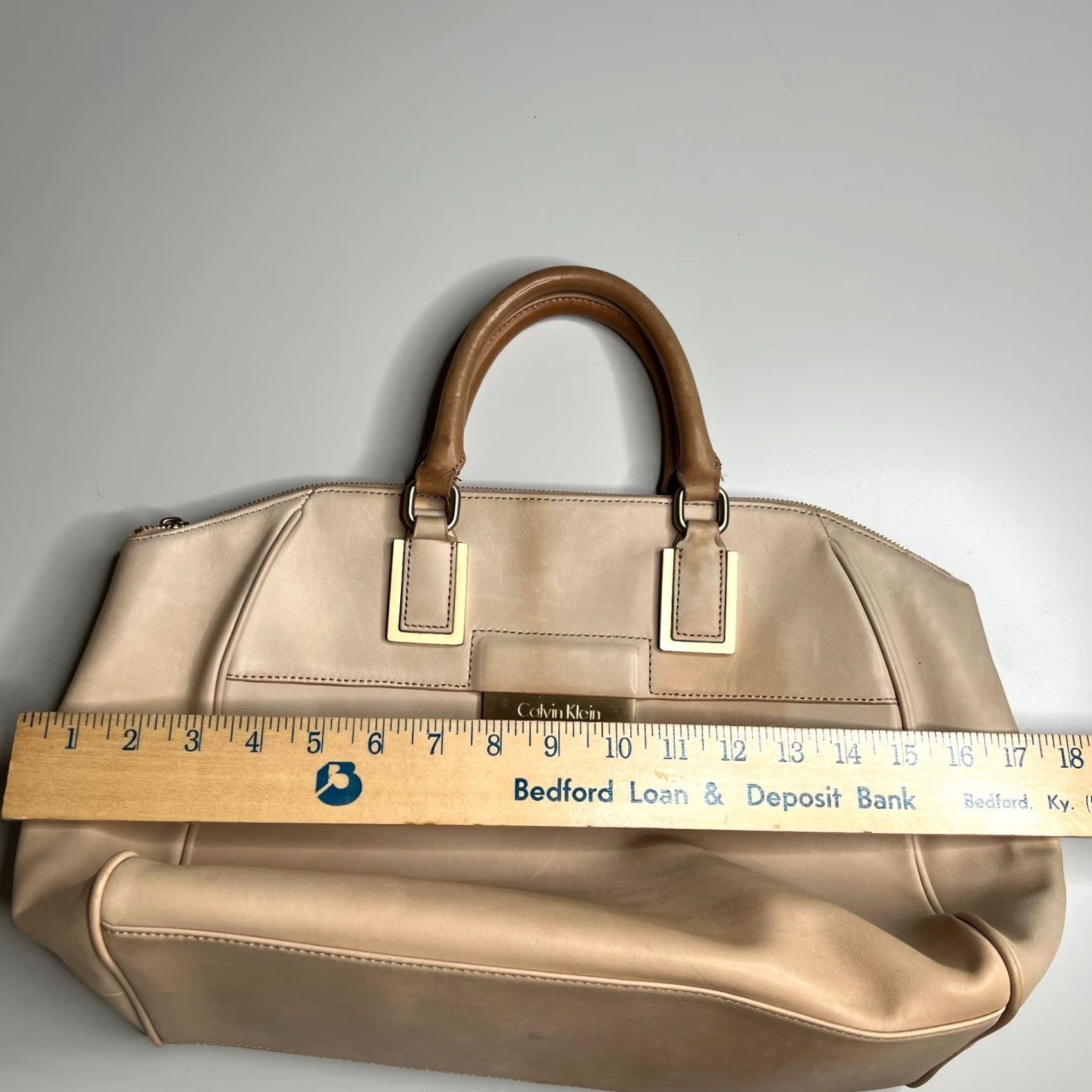 Calvin Klein VINTAGE Calvin Klein Beige Leather Satchel Tote Bag Gold Hardware Structured Large Purse Size ONE SIZE - 3 Thumbnail