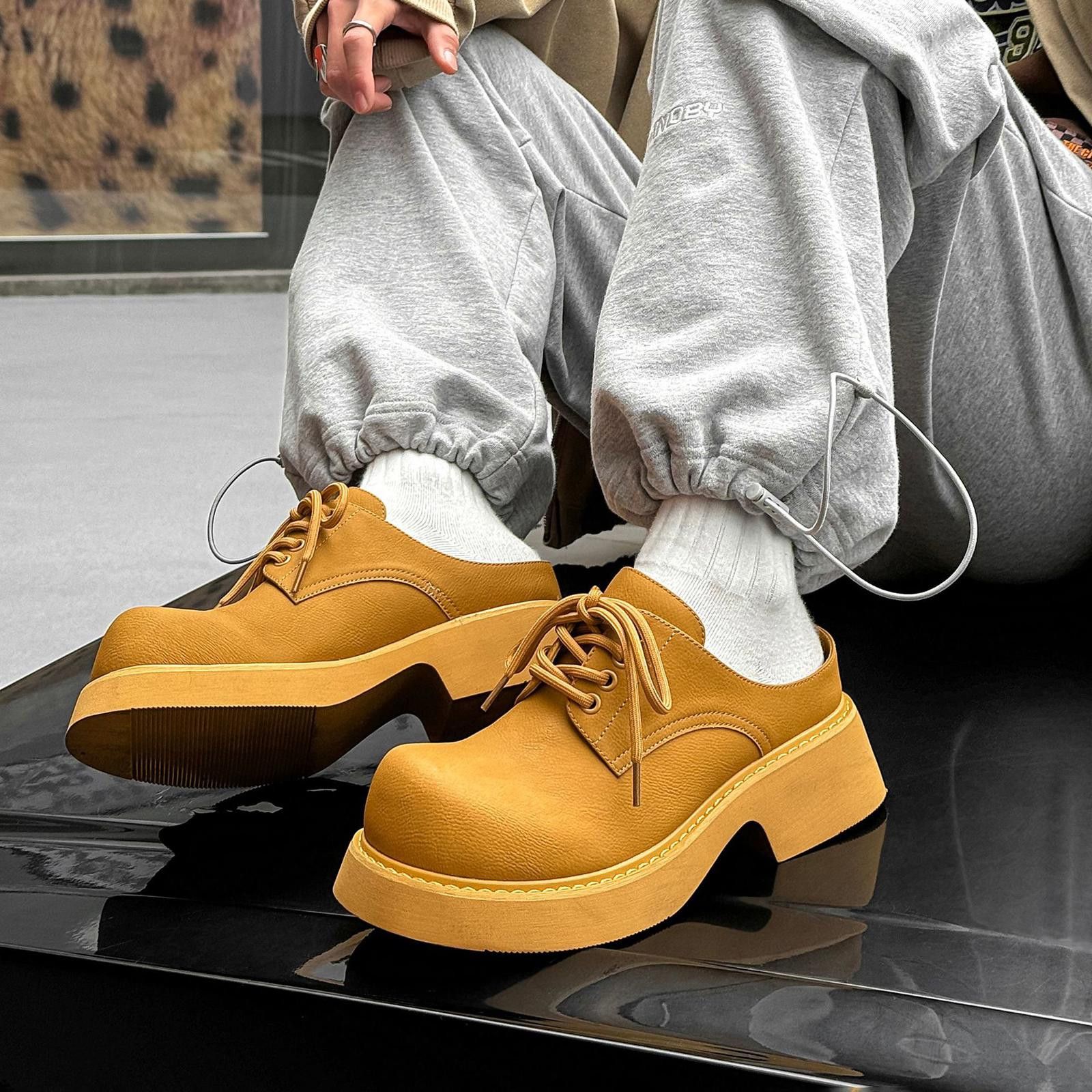 Japanese Style Round Toe Chunky Lace-Up Leather Boots