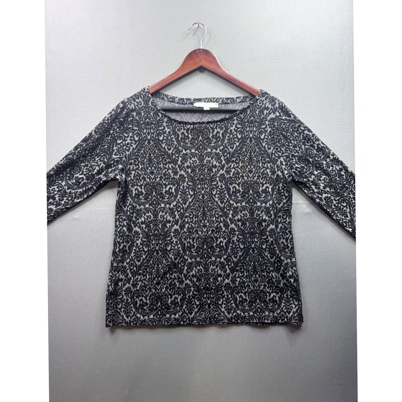 Loft LOFT Blouse Women Black Gray Damask Print Long Sleeve Top L Size L / US 10 / IT 46 - 2 Thumbnail