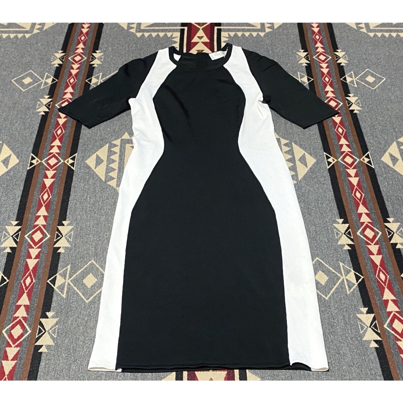 image of Vintage Alc Black White Bodycon Dress Size L Rayon Knit Womens Zip Back T72