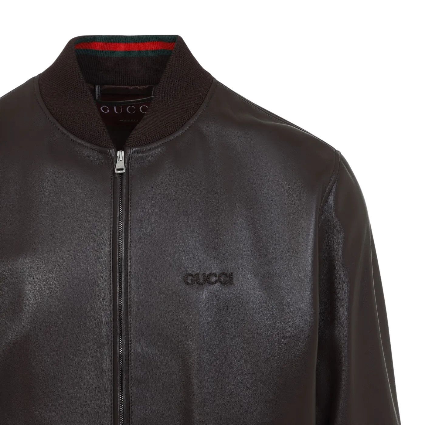 Gucci GUCCI Brown Leather With Web Bomber Jacket New And Authentic Size US XL / EU 56 / 4 - 4 Thumbnail