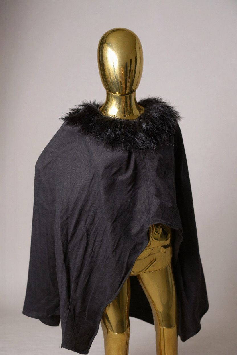 Other Black linen Poncho with real Mongolian Fur Neckline Size US XS / EU 42 / 0 - 2 Thumbnail