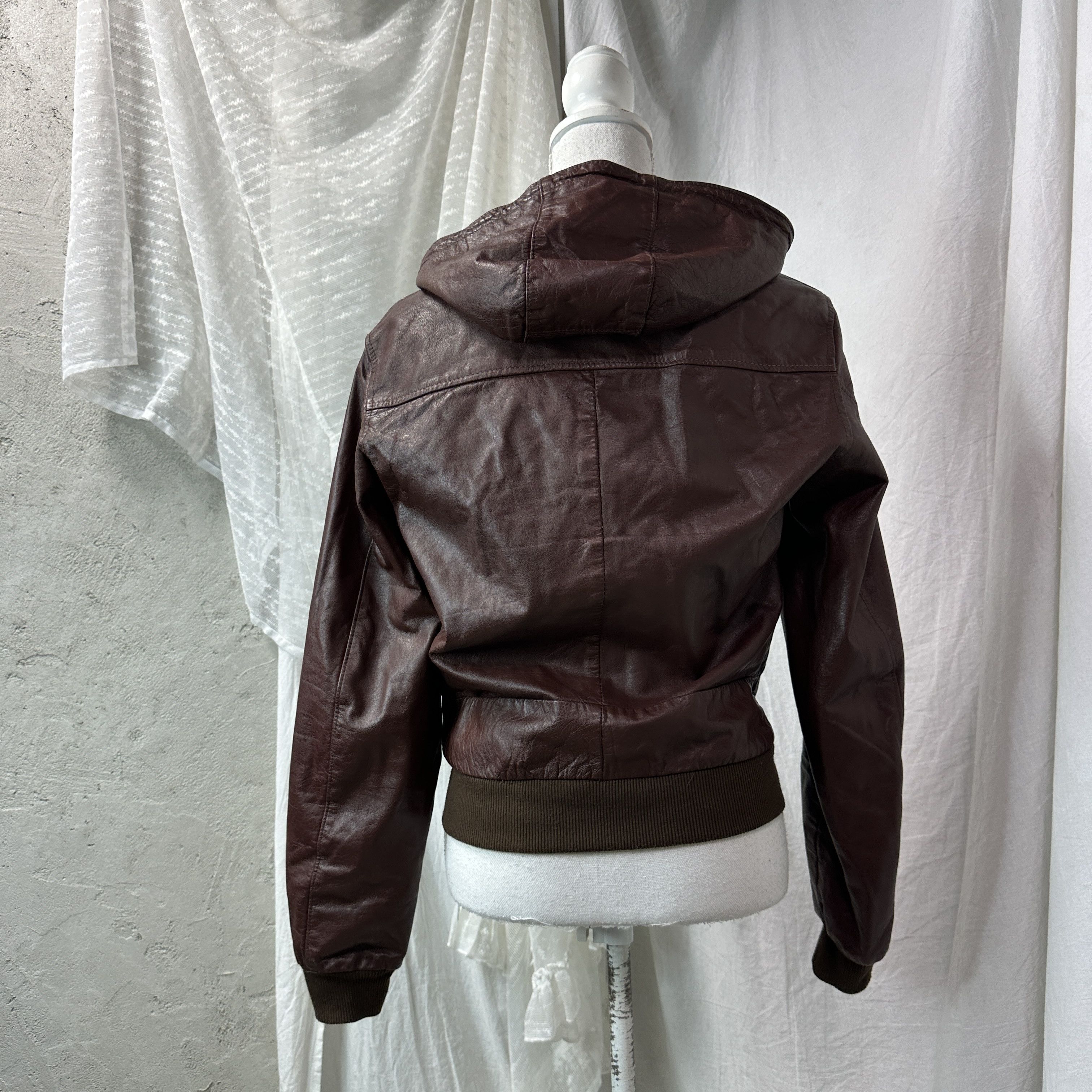 Vintage Vintage Leather Biker Grunge Burgundy Hooded Jacket 90s Size M / US 6-8 / IT 42-44 - 3 Thumbnail