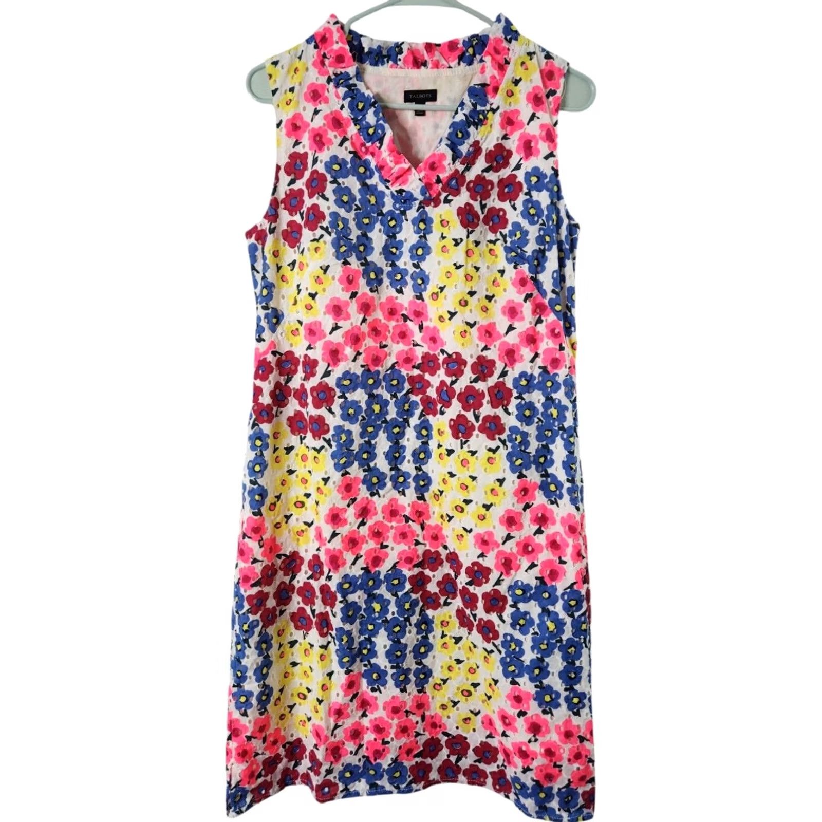 Talbots Talbots Womens Tank Dress Sleeveless Lined Knee Length Floral Ruffle Zip V-Neck 10 Multicolor Cotton Regular Dress Womens Size L / US 10 / IT 46 - 2 Thumbnail
