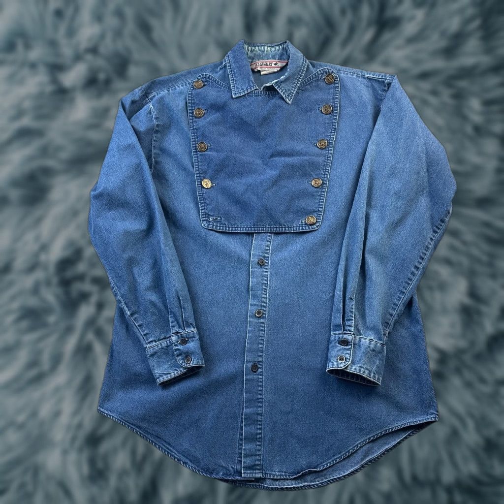 Denime VINTAGE US Cavalry Shirt Mens Small Blue Denim Button Up Military USA Made Size US S / EU 44-46 / 1 - 1 Thumbnail