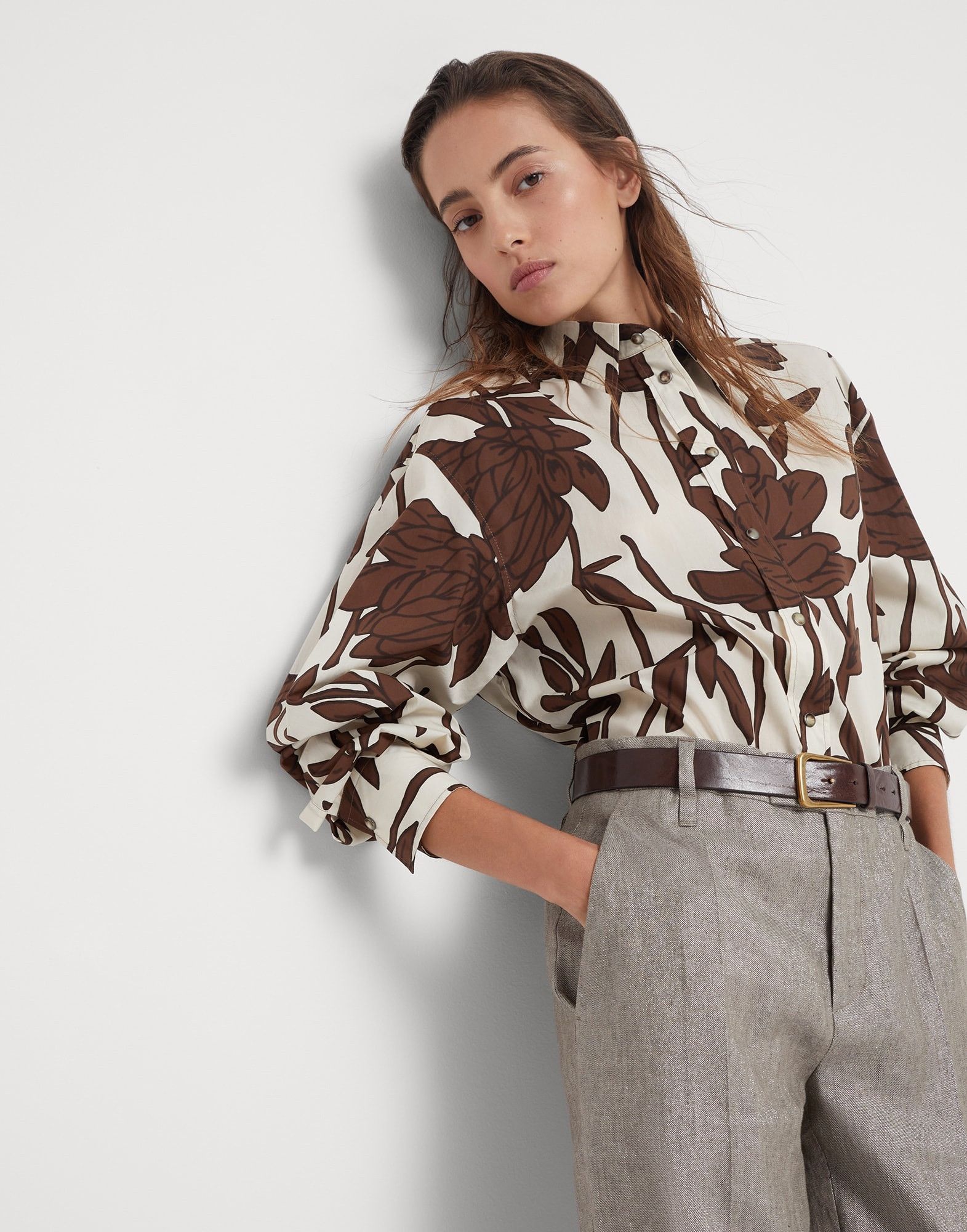 Brunello Cucinelli o1y0725 Floral-print Shirt in Dark Brown/Beige Size L / US 10 / IT 46 - 3 Thumbnail