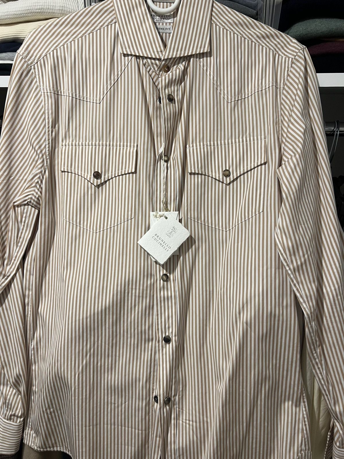 Brunello Cucinelli Brand New Leisure Fit Beige Stripe Shirt Size US M / EU 48-50 / 2 - 1 Thumbnail