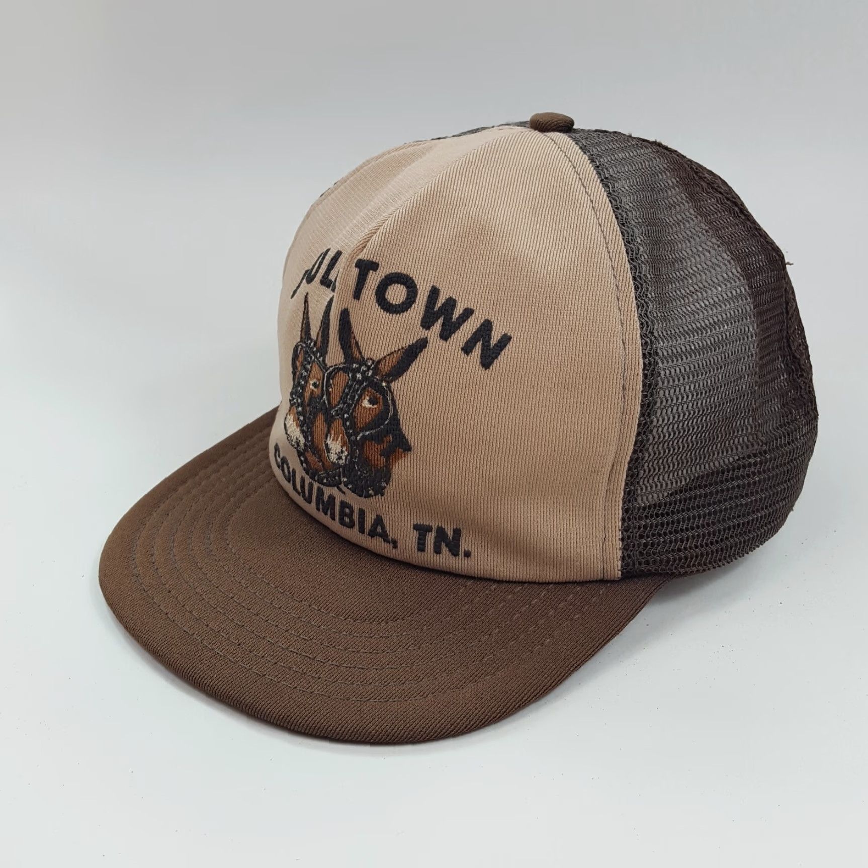 Vintage VINTAGE 80s Mule Town Tennessee Horse Trucker Hat Men Adjustable Brown USA Made Western Cap Retro Cowboy Workwear Size ONE SIZE - 4 Thumbnail