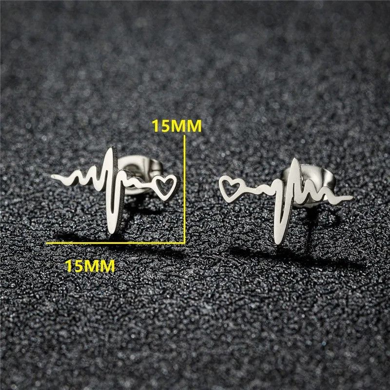 Jewelry Heartbeat Stud Earrings Charm Stainless Earring Gift Size ONE SIZE - 2 Thumbnail