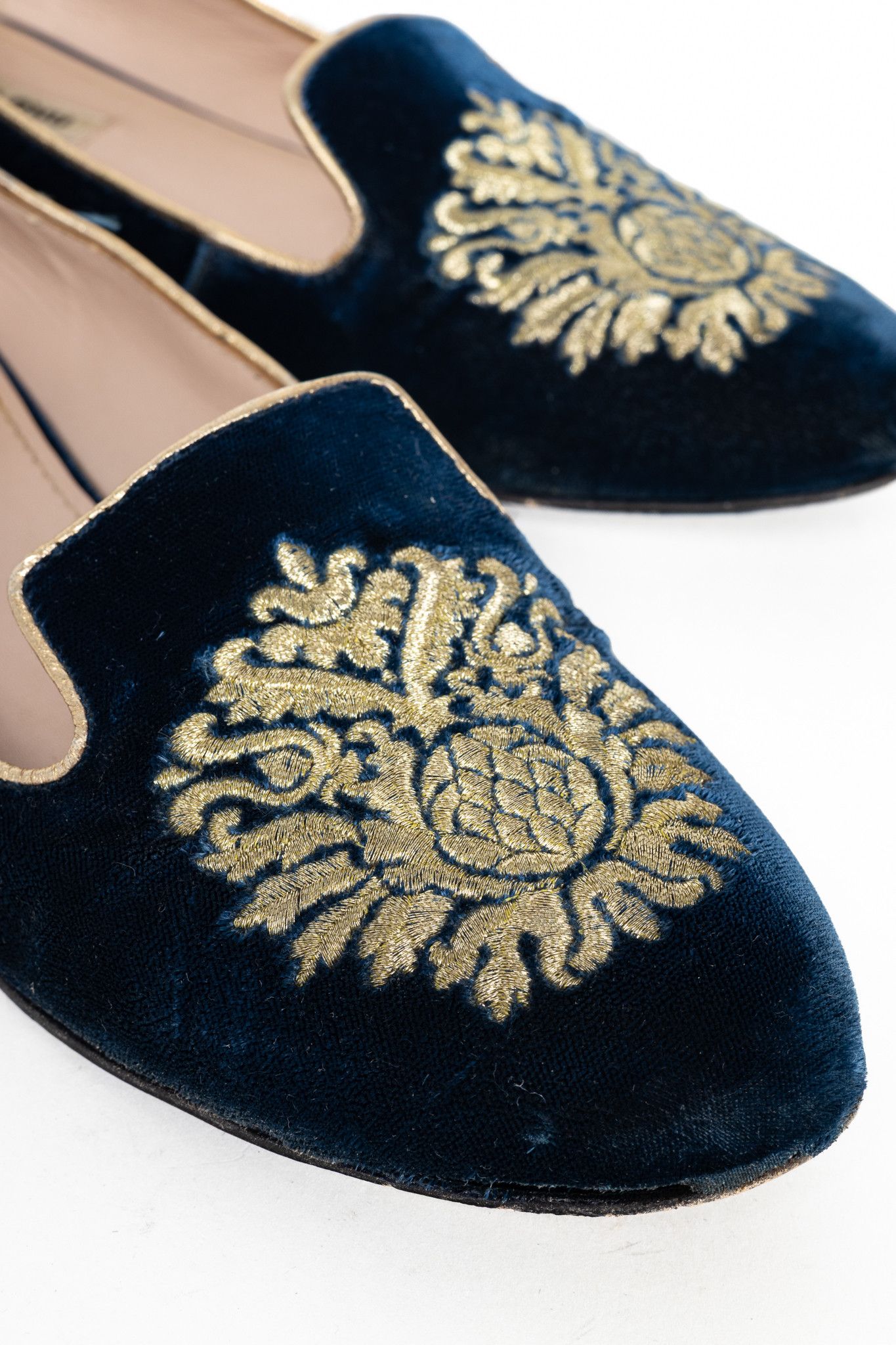 Miu Miu Miu Miu PF12 Blue Velvet Embroidered Crystal-Heel Loafers Size US 8 / IT 38 - 7 Thumbnail