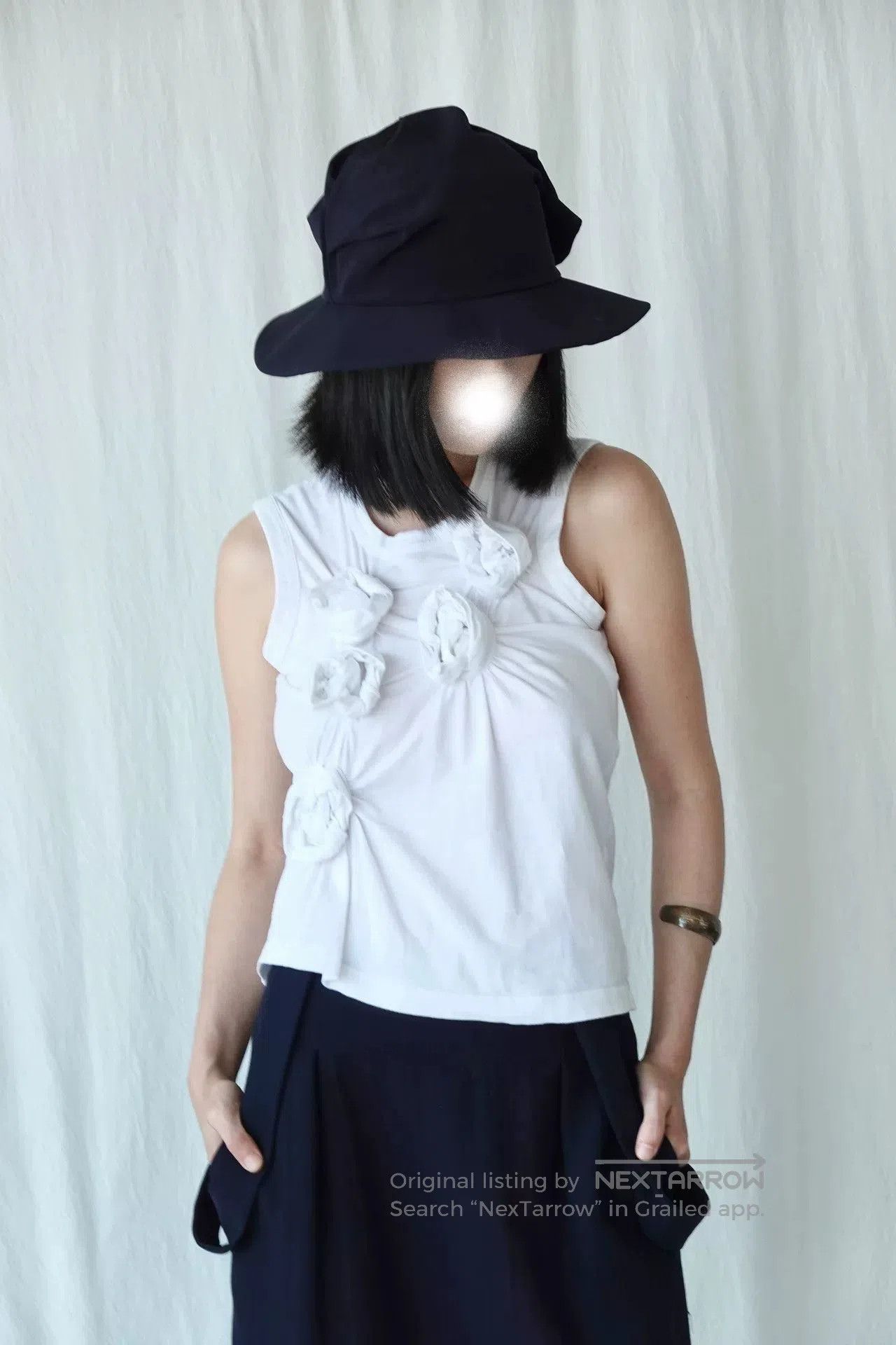 Y's Elegant Navy Pleated Wide Brim Hat. Size ONE SIZE - 3 Thumbnail