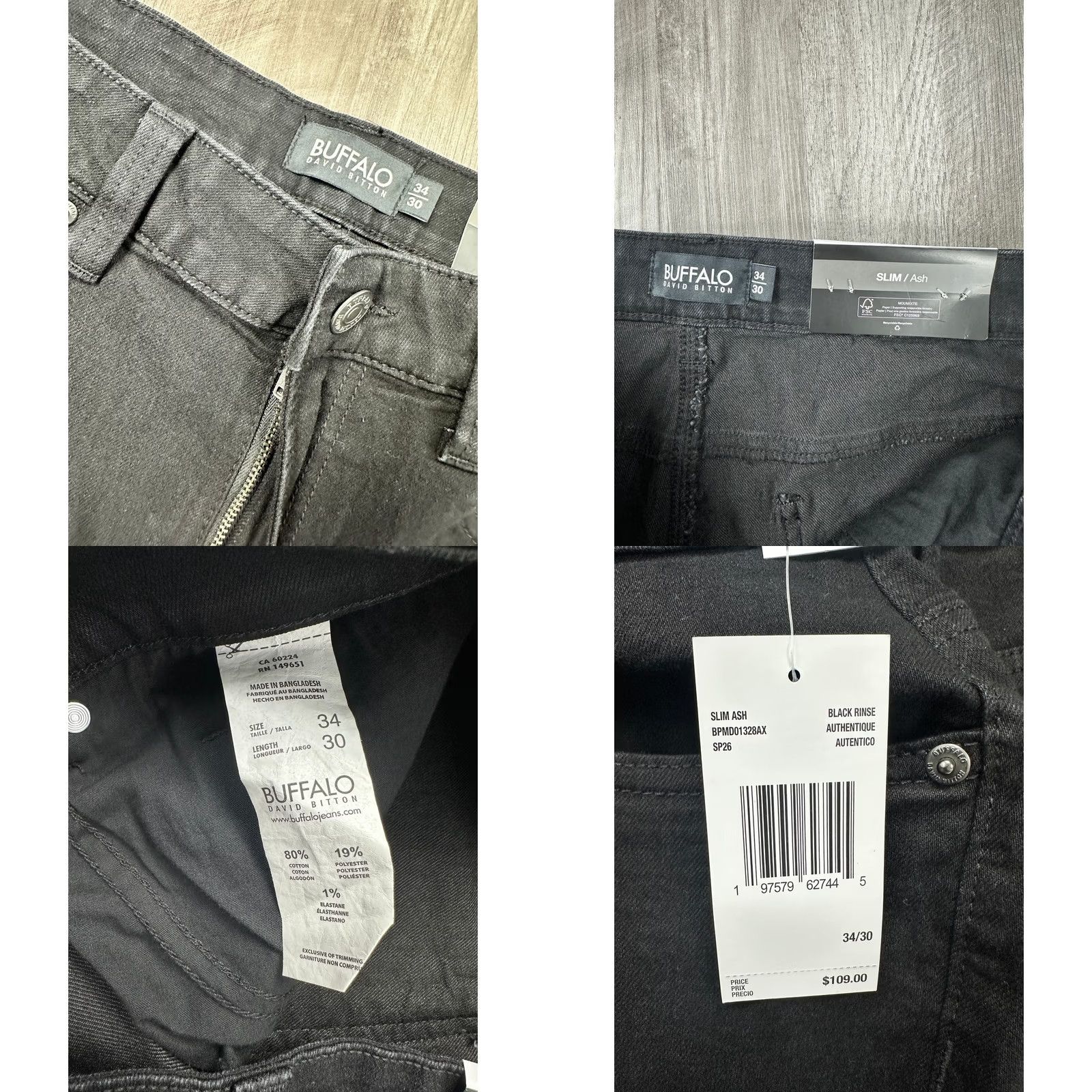 Buffalo David Bitton Buffalo David Bitton Ash Slim Men 34x30 Black Denim Jeans Size US 34 / EU 50 - 8 Thumbnail