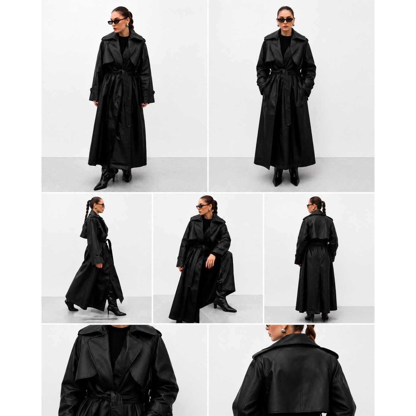 Other Black Faux Leather Trench Coat Women Long Belted Classic Size ONE SIZE - 12 Thumbnail