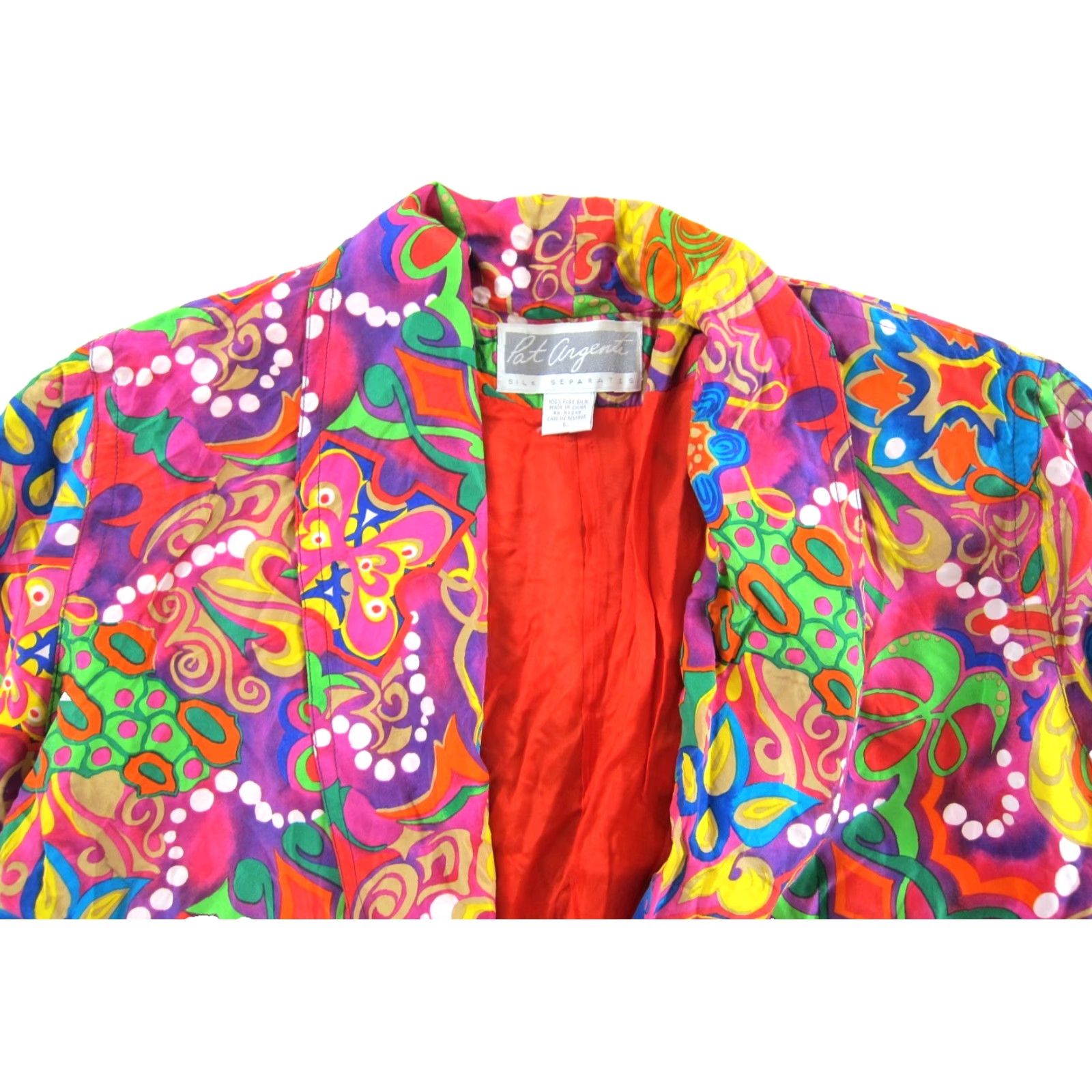 Vintage VTG 80's Pat Argenti 100% Silk Blazer Jacket L Pink Abstract Pocket Blazer Jacket Womens Vintage 80s 90s Size L / US 10 / IT 46 - 4 Thumbnail