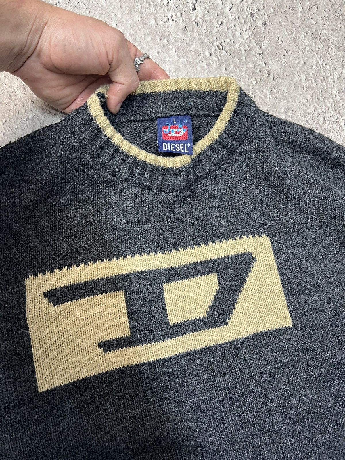 Diesel × Vintage Vintage Diesel Knit Sweater Big Log 90s Ripped wool Size US L / EU 52-54 / 3 - 5 Thumbnail