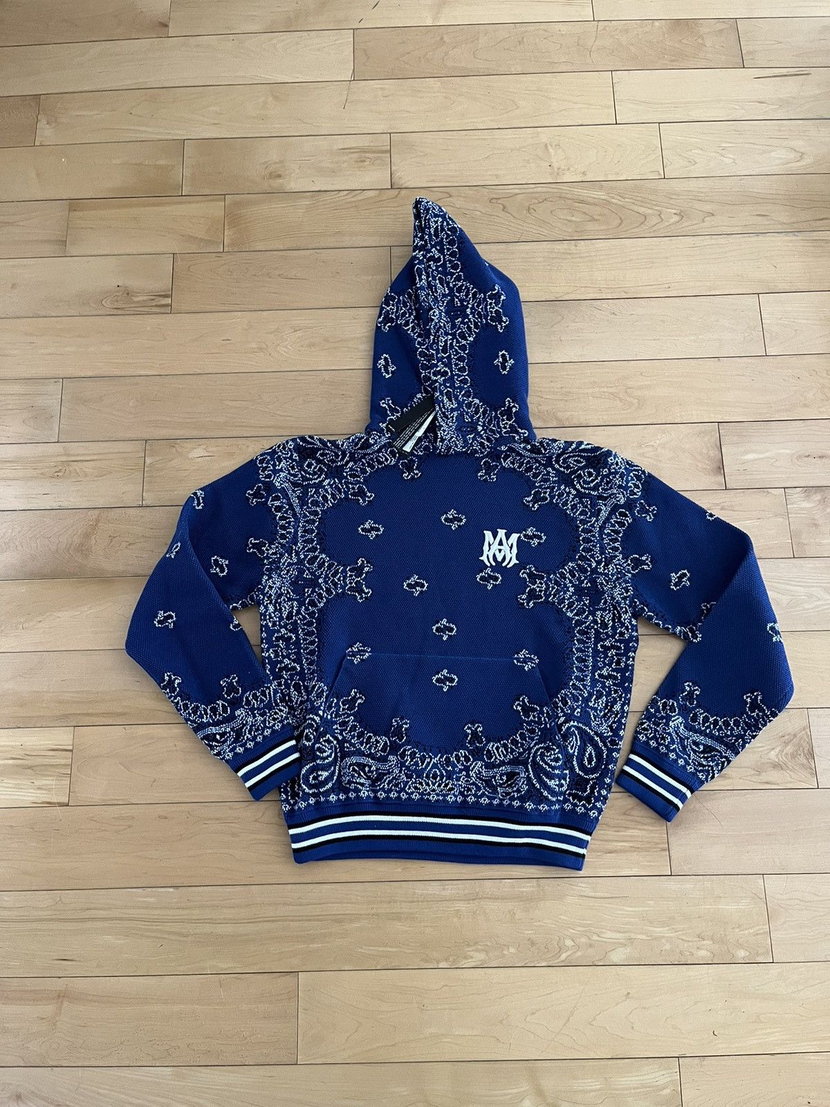 Pre-owned Amiri Nwt -  B-ball Ma Bandana Knit Hoodie In Blue