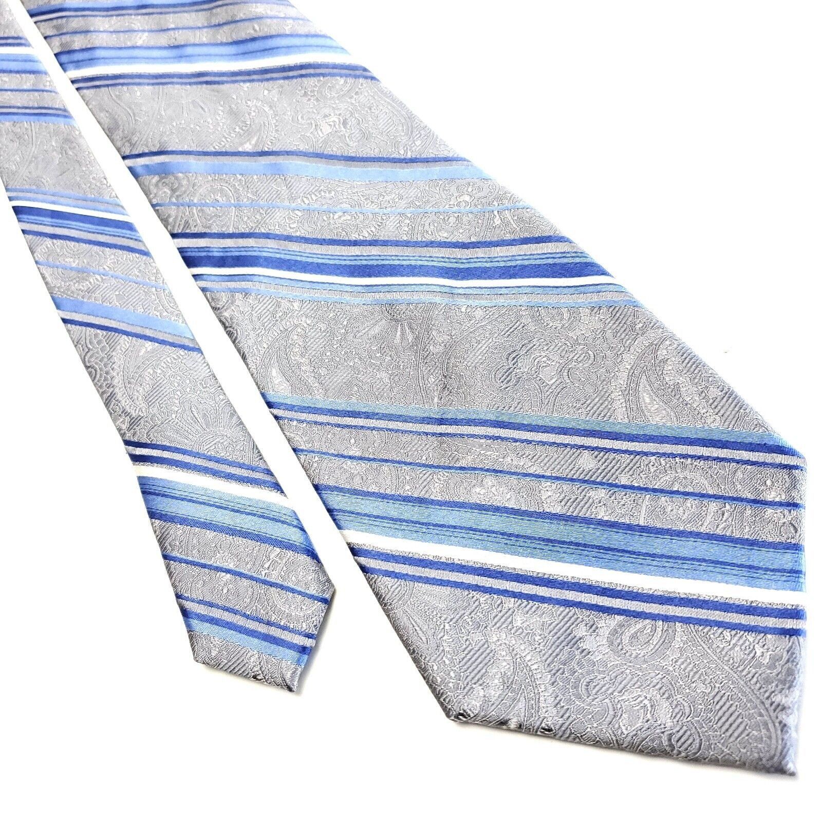 Vintage Antonio Fellini Gray Blue Silk Tie Woven Wide Striped Floral Size ONE SIZE - 1 Thumbnail