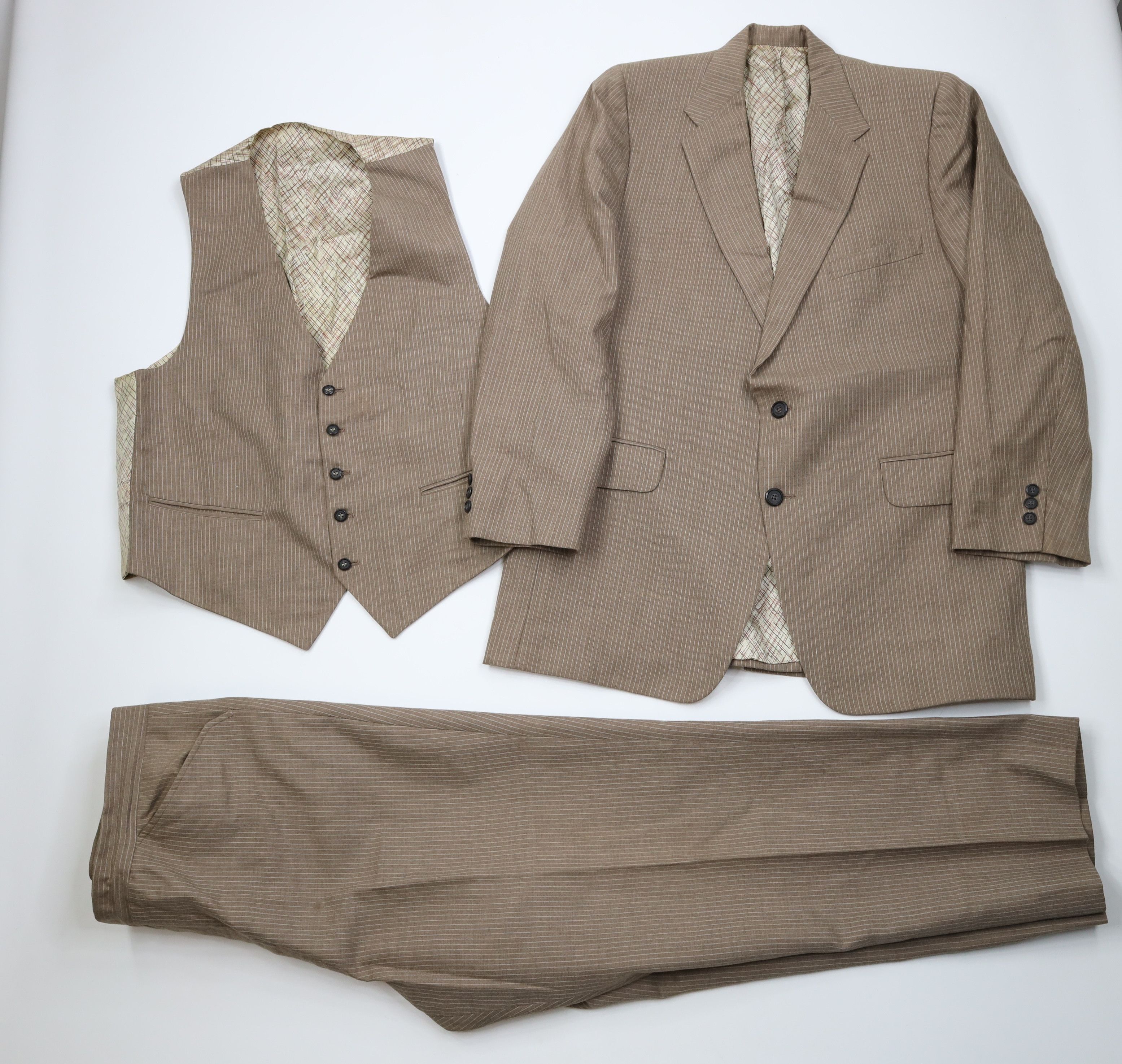 Vintage Vintage 70s Streetwear 3 Piece Stripe Suit Wedding Brown Size 44L - 1 Thumbnail