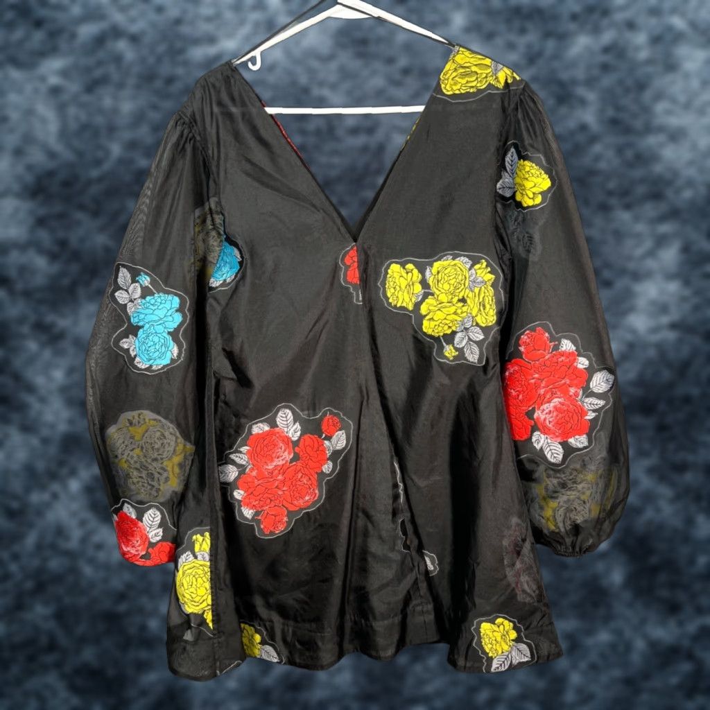 Ganni Ganni Dress V-Neck Black Floral Embroidered Short Sheath Womens 36 Size XS / US 0-2 / IT 36-38 - 1 Thumbnail
