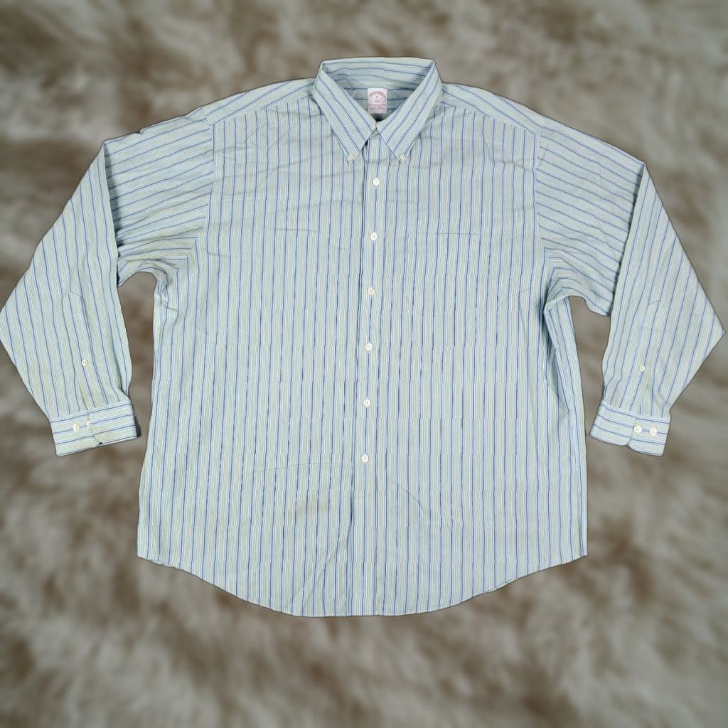 Brooks Brothers Brooks Brothers Men's Blue Green Striped Non-Iron Button-Up Shirt XL Stained Size US XL / EU 56 / 4 - 1 Thumbnail