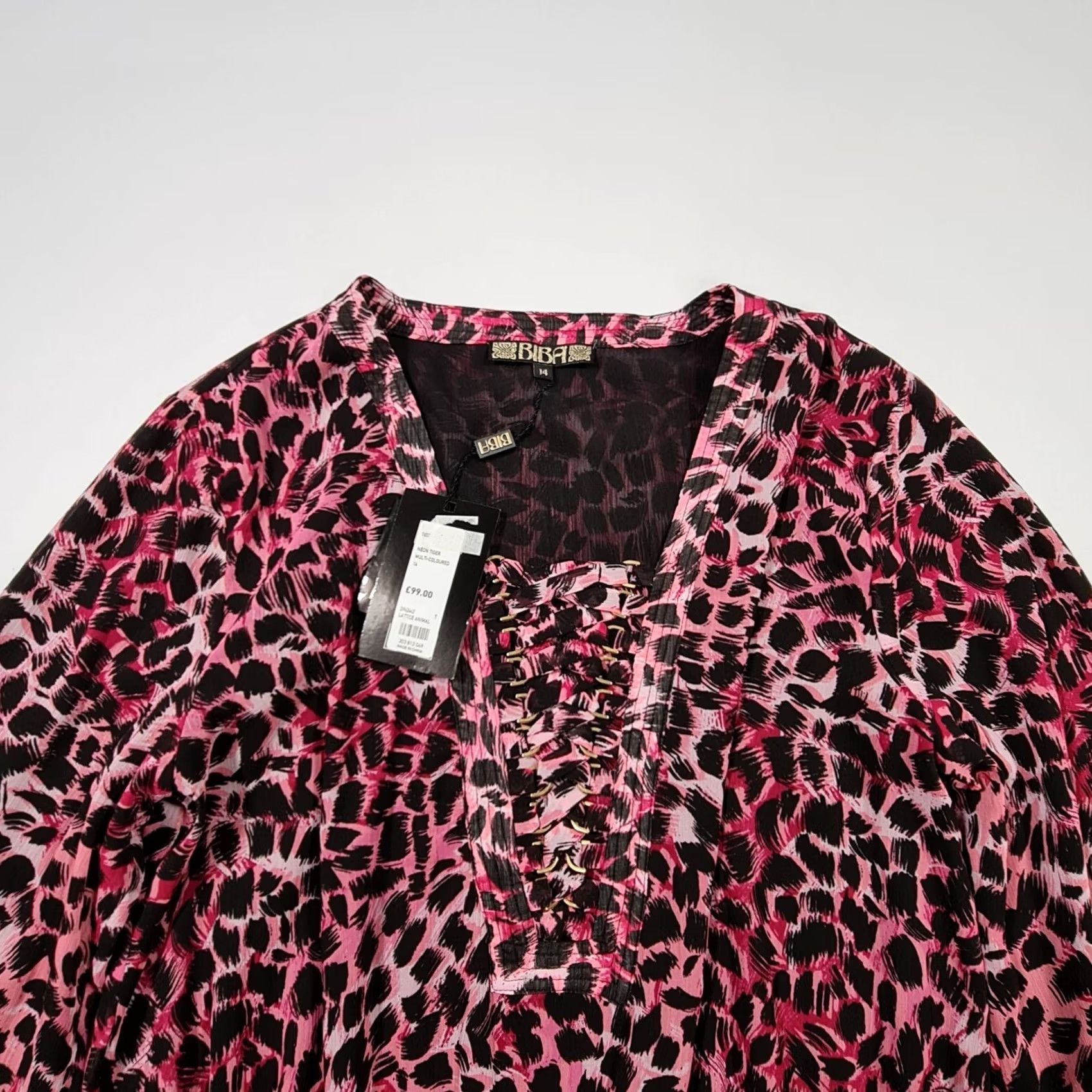 Vintage Biba Womens Midi Dress Pink 14 UK Long Sleeve Tiger Animal Print A-Line Dress Ladies Size XL / US 12-14 / IT 48-50 - 2 Thumbnail