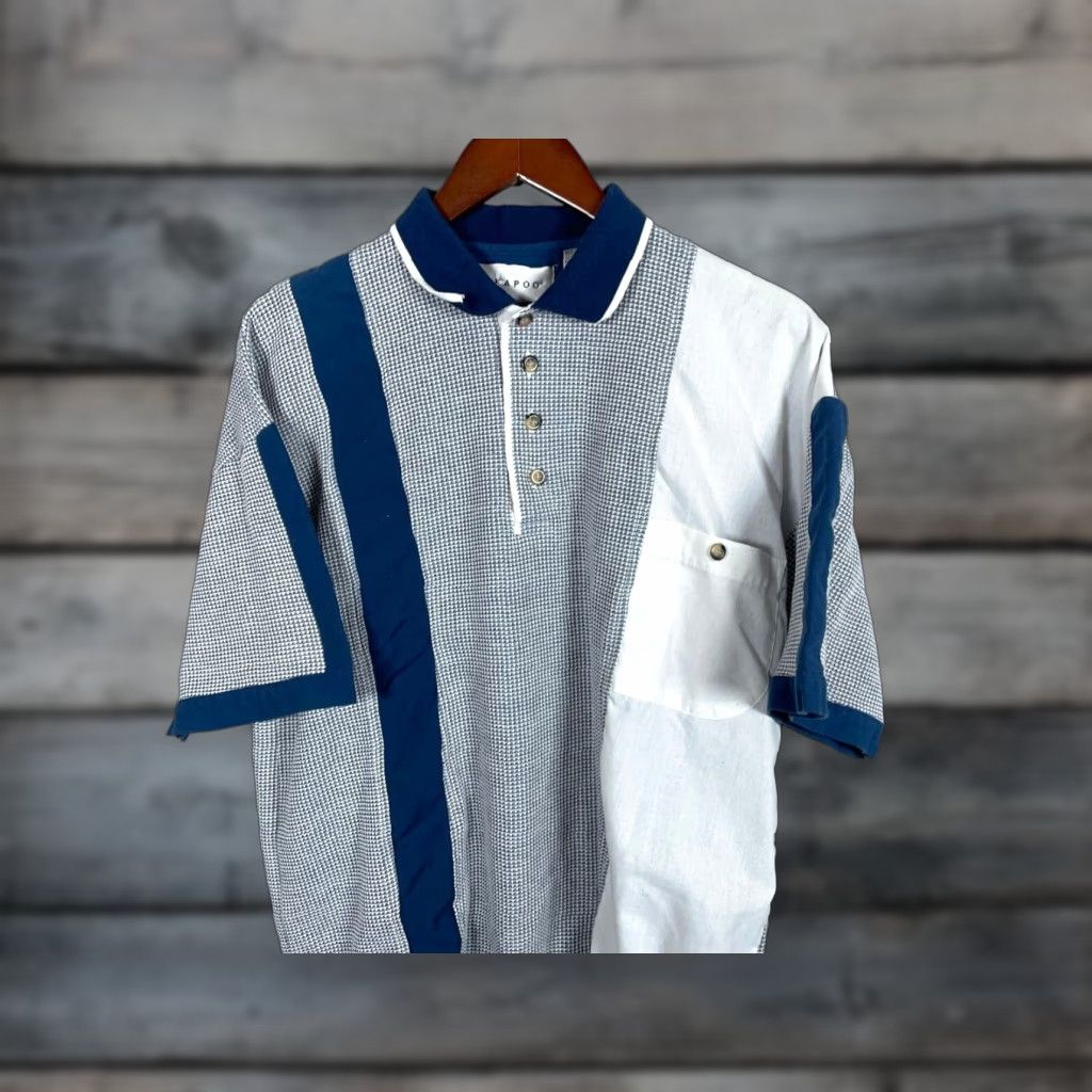 Vintage VTG 80s Hukapoo Textured Paneled Polo Shirt Adult Large Blue White Retro Woven Size US L / EU 52-54 / 3 - 1 Thumbnail