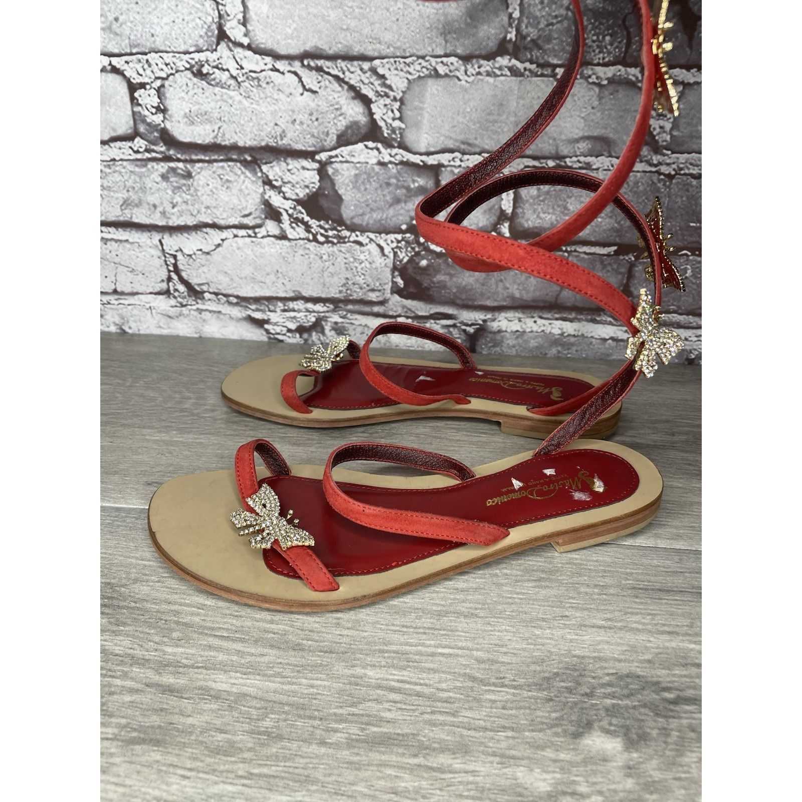 Other Mastro Domenico Red Leather Butterfly Rhinestone Wrap Around Size US 7.5 / IT 37.5 - 12 Thumbnail
