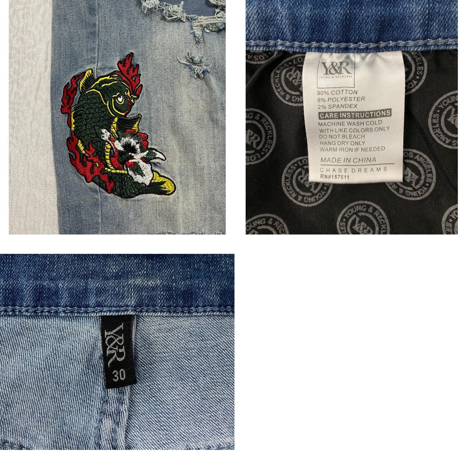 Vintage Y&R Young Reckless Jeans Mens 30 Blue Distressed 5-Pocket Denim Skinny Slim Patch Embroidered Casual Streetwear Distressed Jeans Men 30 Blue Size US 31 - 8 Thumbnail