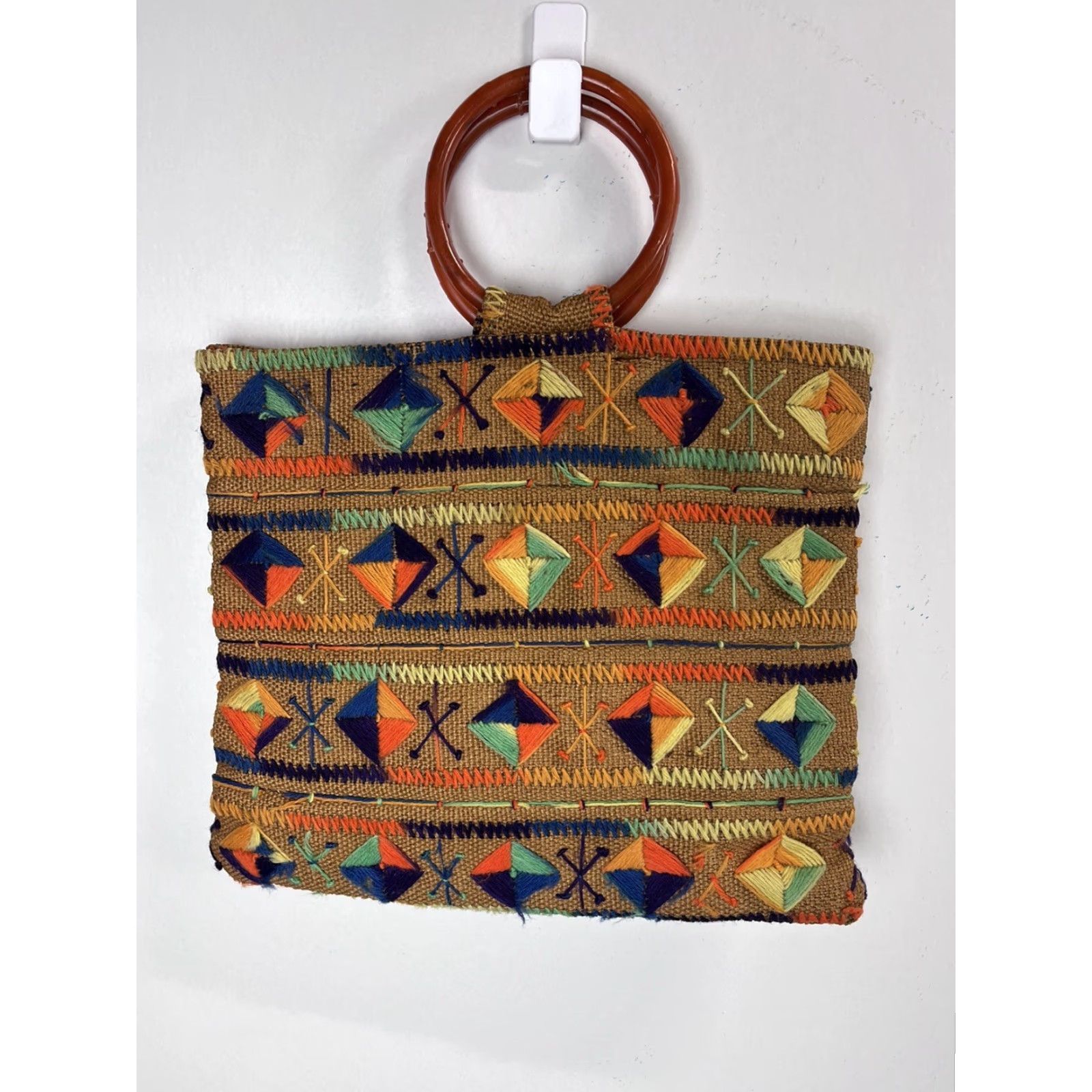 Vintage Vintage 70’s Boho Hippie Purse Bag Embroidered Bakelite Style Handles GUC Size ONE SIZE - 2 Thumbnail