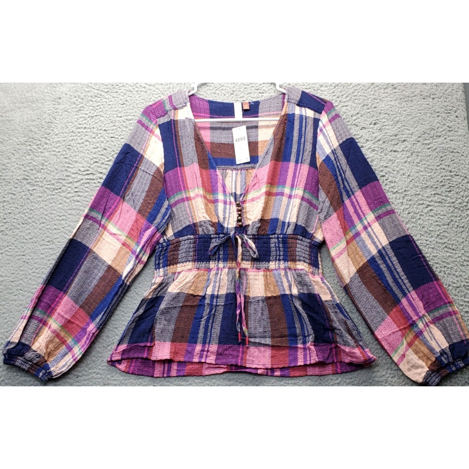 Vintage Pilcro Anthropologie Blouse Women's XS Multi Plaid Tie Waist V Neck Button Front Size XS / US 0-2 / IT 36-38 - 2 Thumbnail