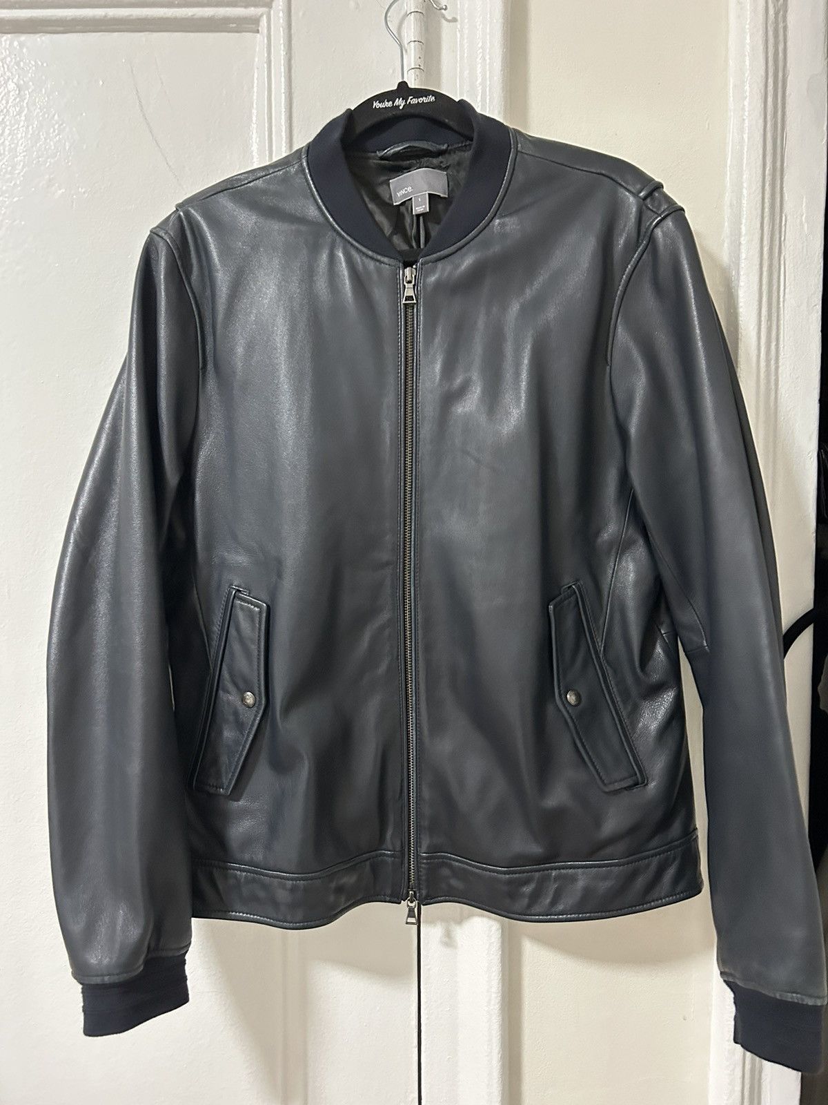 image of Vince Lambskin Bomber Jacket in Navy, Men's (Size Large)