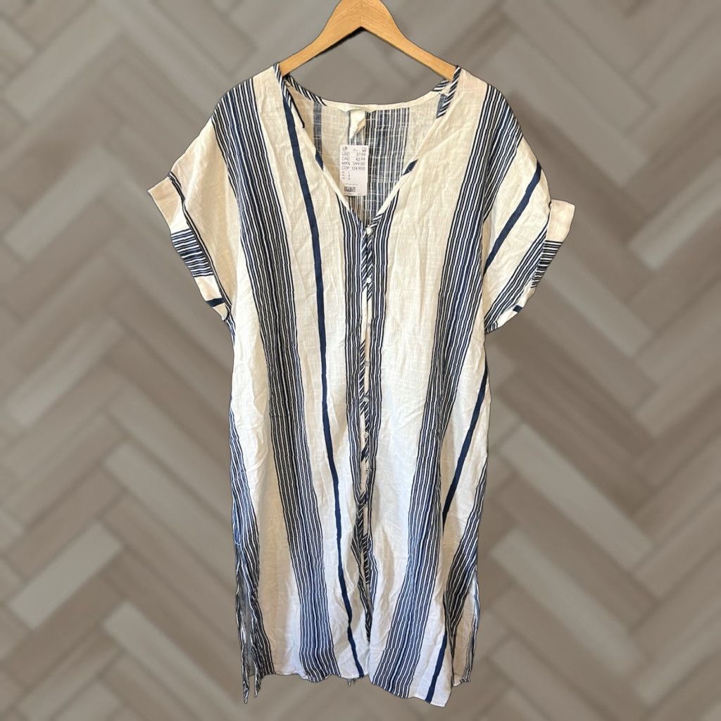 H&M VINTAGE H&M Linen Striped Short Sleeve Slip Dress Womens Blue L NWT Size Large Linen Size 36" / US 14 / IT 50 - 1 Thumbnail