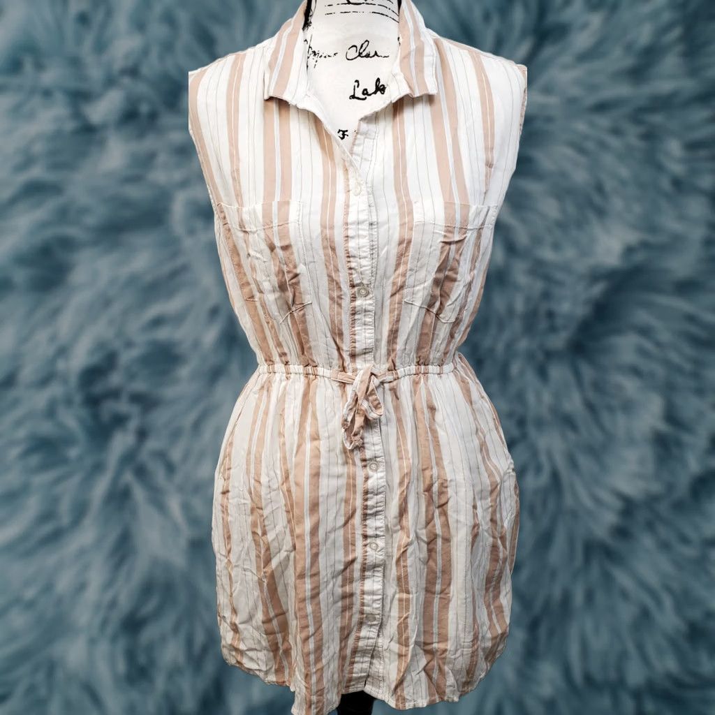 Vintage Japna Shirt Dress Womens M Multi Striped Tie Waist Detail Pockets Collar Button Size M / US 6-8 / IT 42-44 - 1 Thumbnail