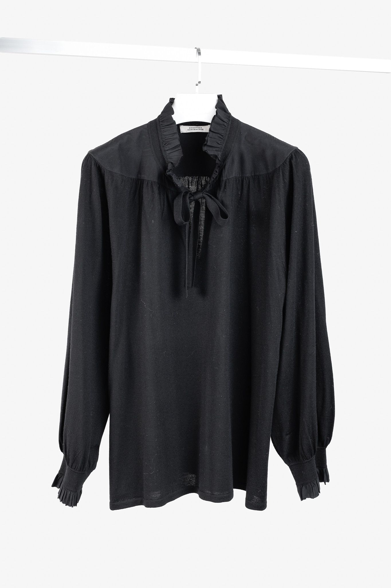 DOROTHEE SCHUMACHER Dorothee Schumacher Black Ruffle Tie-Neck Knit Blouse Size L / US 10 / IT 46 - 1 Thumbnail