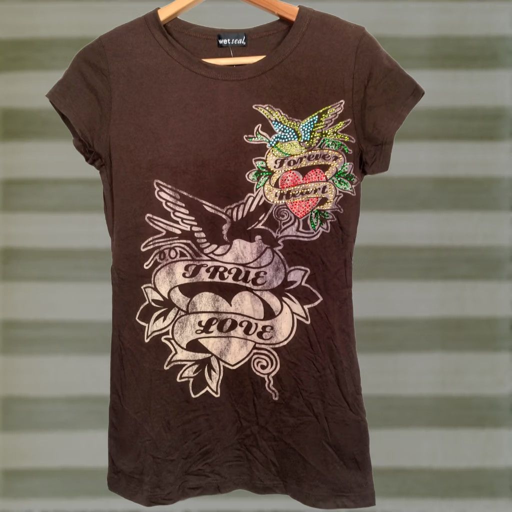 Vintage VINTAGE Wet Seal Shirt Juniors XL Slim Fit True Love Winged Heart Bling NOS Shirt Size XL / US 12-14 / IT 48-50 - 1 Thumbnail