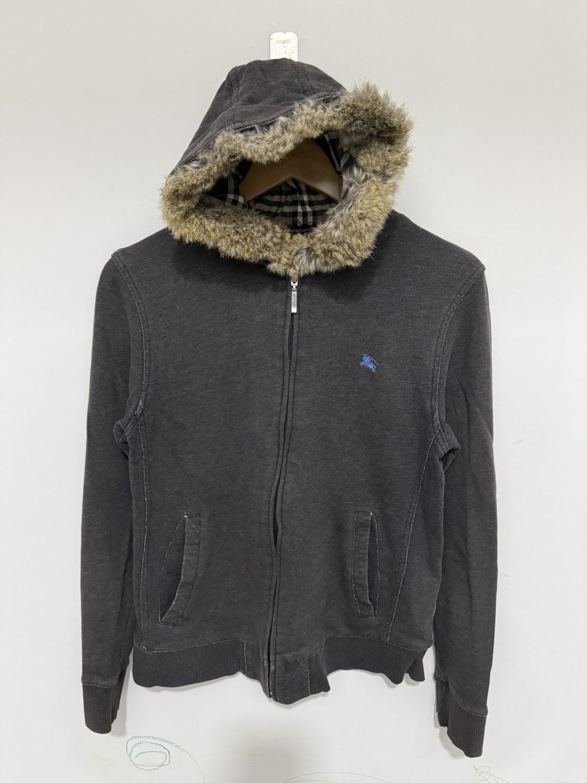 Vintage Burberry Fur Rabbit Nova Check Hoodie Jacket