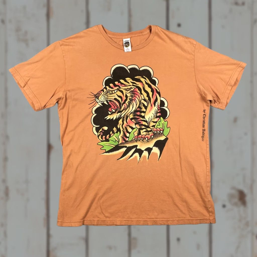 Vintage Ed Hardy Designs By Christian Audigier 2XL Tiger Graphic Tee Orange Mens, Men's (Size Xxl)
