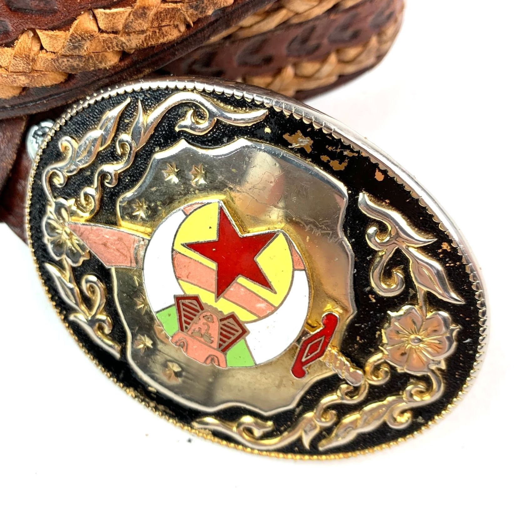 Vintage VINTAGE Braided Woven Leather Western Cowboy Belt Buckle Shriners Size 38 Brown Men Size 38 - 2 Thumbnail