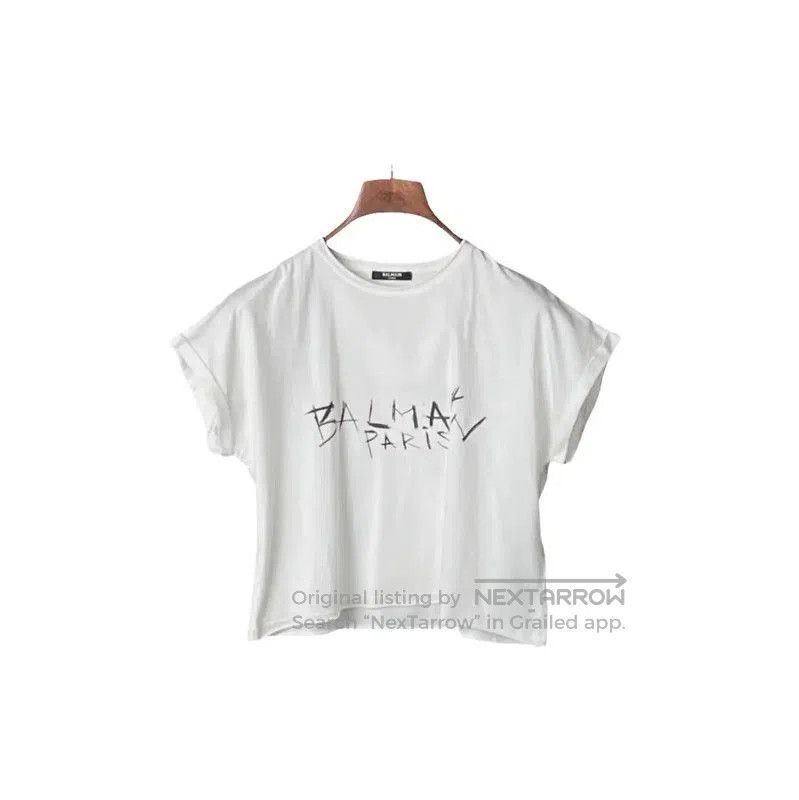 Balmain Balmain White Graphic Short Sleeve Crop T-Shirt . Size L / US 10 / IT 46 - 1 Thumbnail