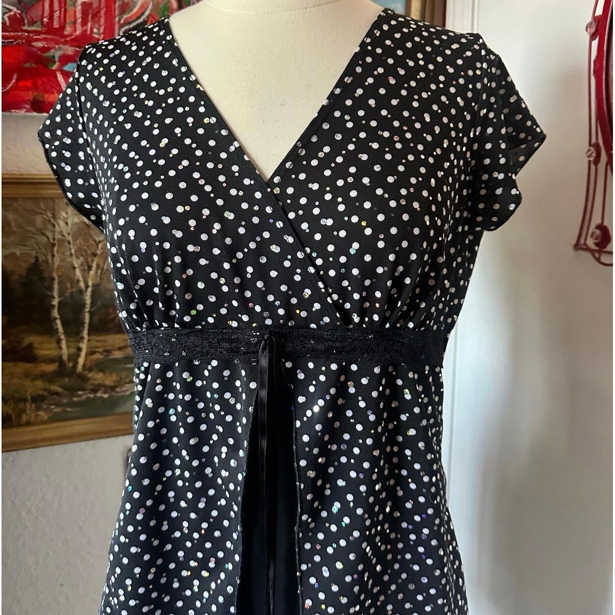 Other no brand sequin black white polka dot blouse Size L / US 10 / IT 46 - 2 Thumbnail