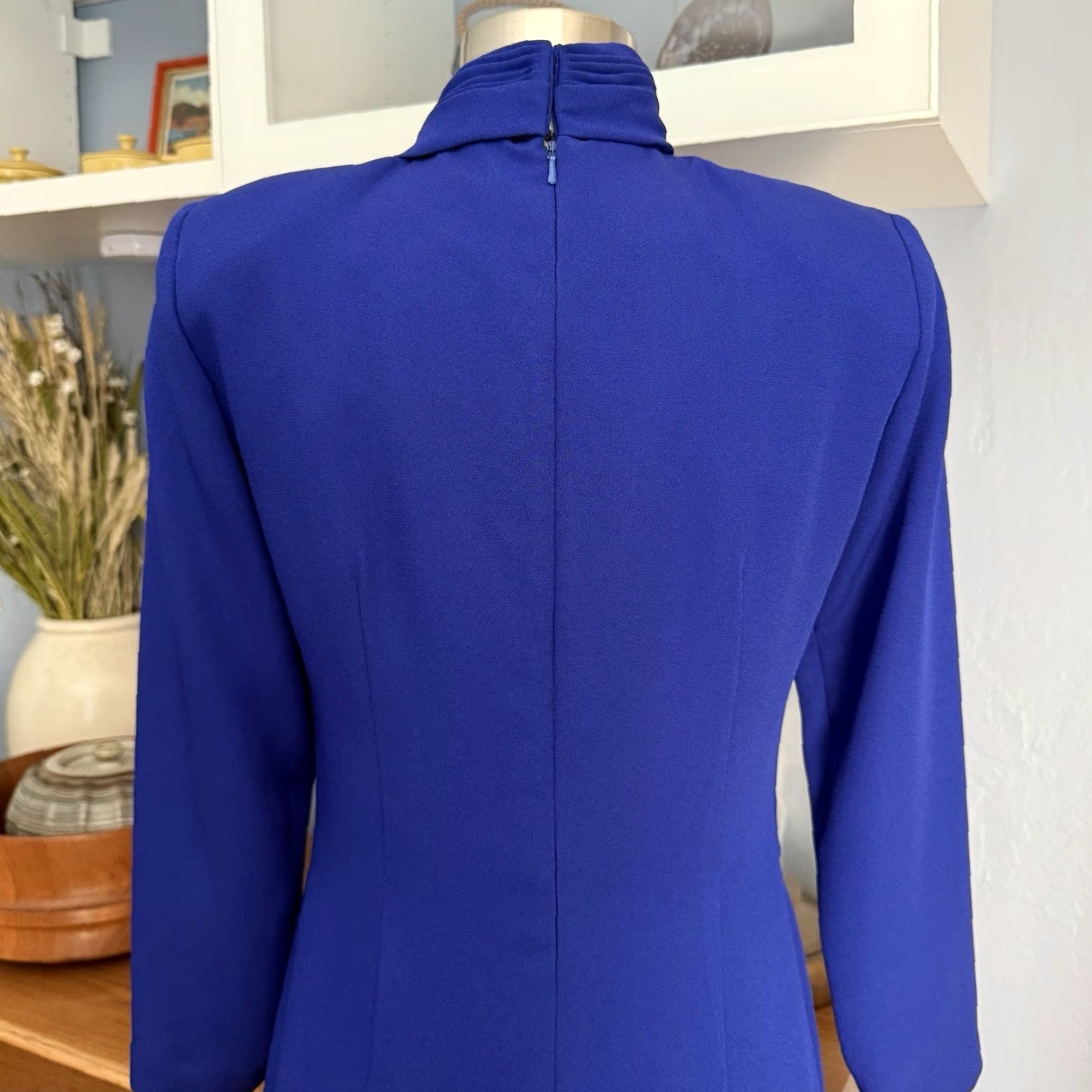 Vintage VINTAGE David Warren Drape Sheath Dress Blue 80s 90s 4P Petite Women Long Sleeve V-Neck Zip Size S / US 4 / IT 40 - 6 Thumbnail