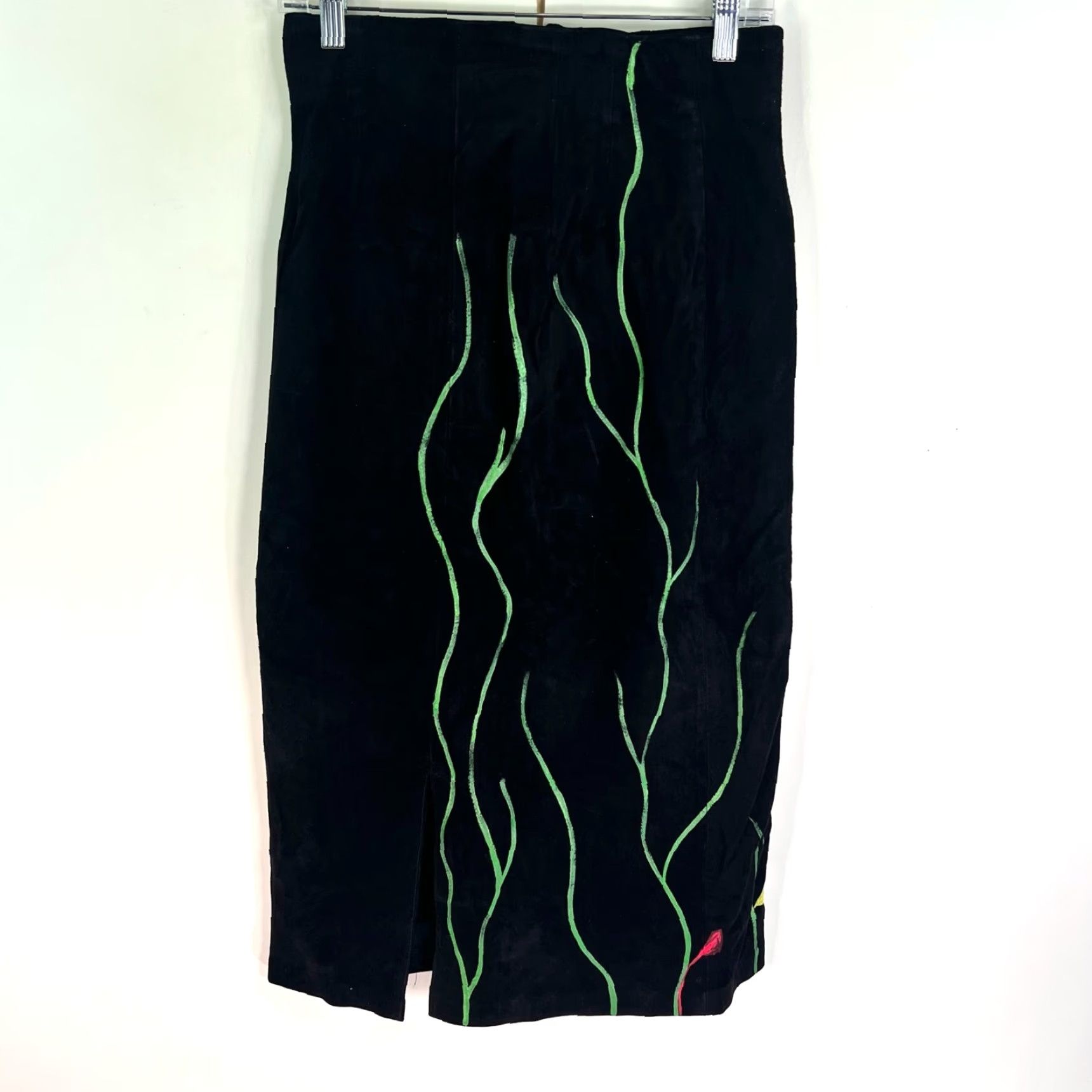 Vintage Cedars Leather Skirt - Maxi - Hand Painted Floral - Black - Size 8 - Lined - Dry Clean Only - Women’s Size 30" / US 8 / IT 44 - 6 Thumbnail