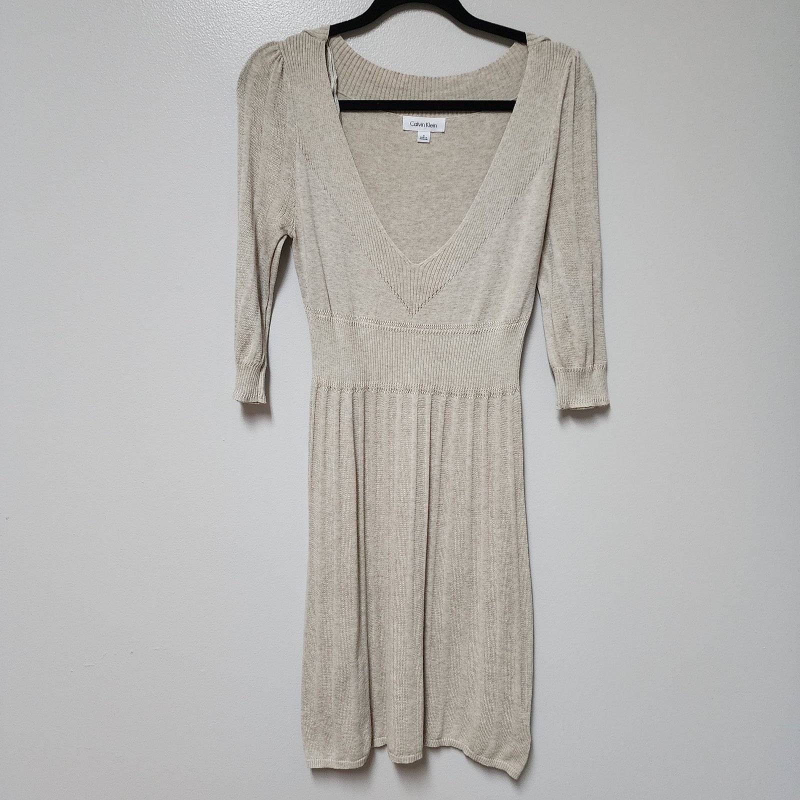 Calvin Klein Calvin Klein 100% cotton tan 3/4 sleeve knit dress sz Small Size S / US 4 / IT 40 - 4 Thumbnail