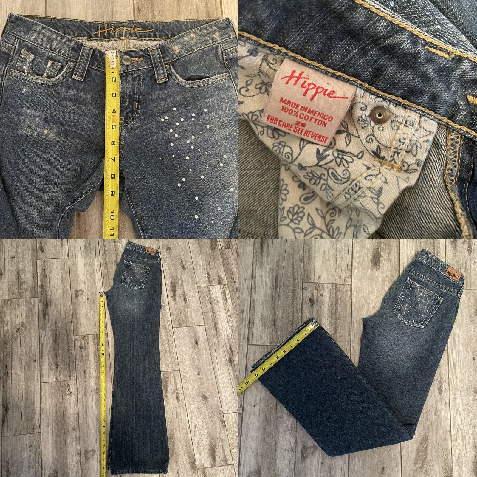 Vintage VINTAGE Hippie Jeans Women's 26R Rhinestone Bootcut Blue Denim Straight Leg Low Rise 30in Inseam Stars Size 26" / US 2 / IT 38 - 8 Thumbnail