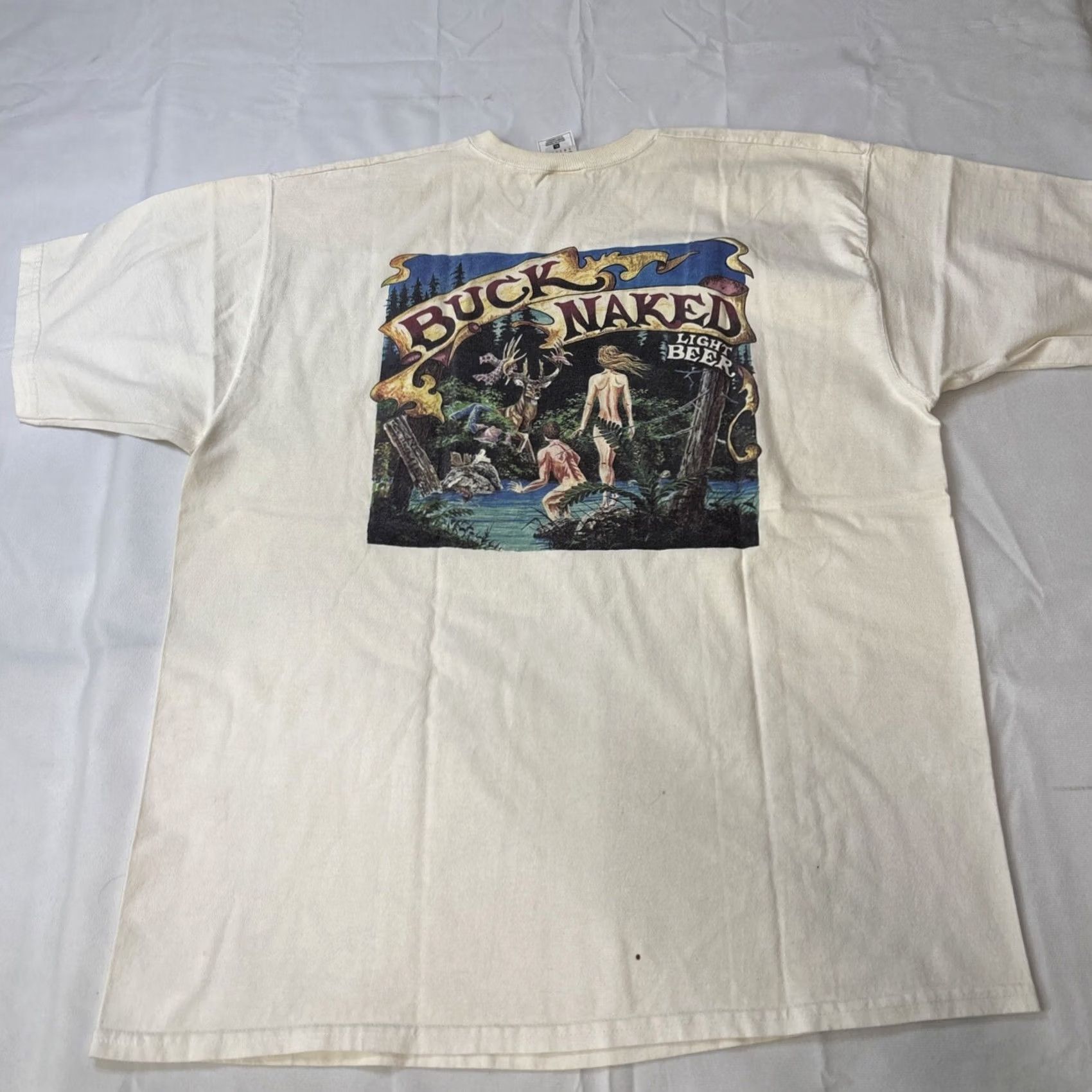 Fruit Of The Loom VINTAGE Fruit Of The Loom Beer T-Shirt XL Men White 80s 90s Adam Eve Buck Naked Light Beer Size US XL / EU 56 / 4 - 7 Thumbnail