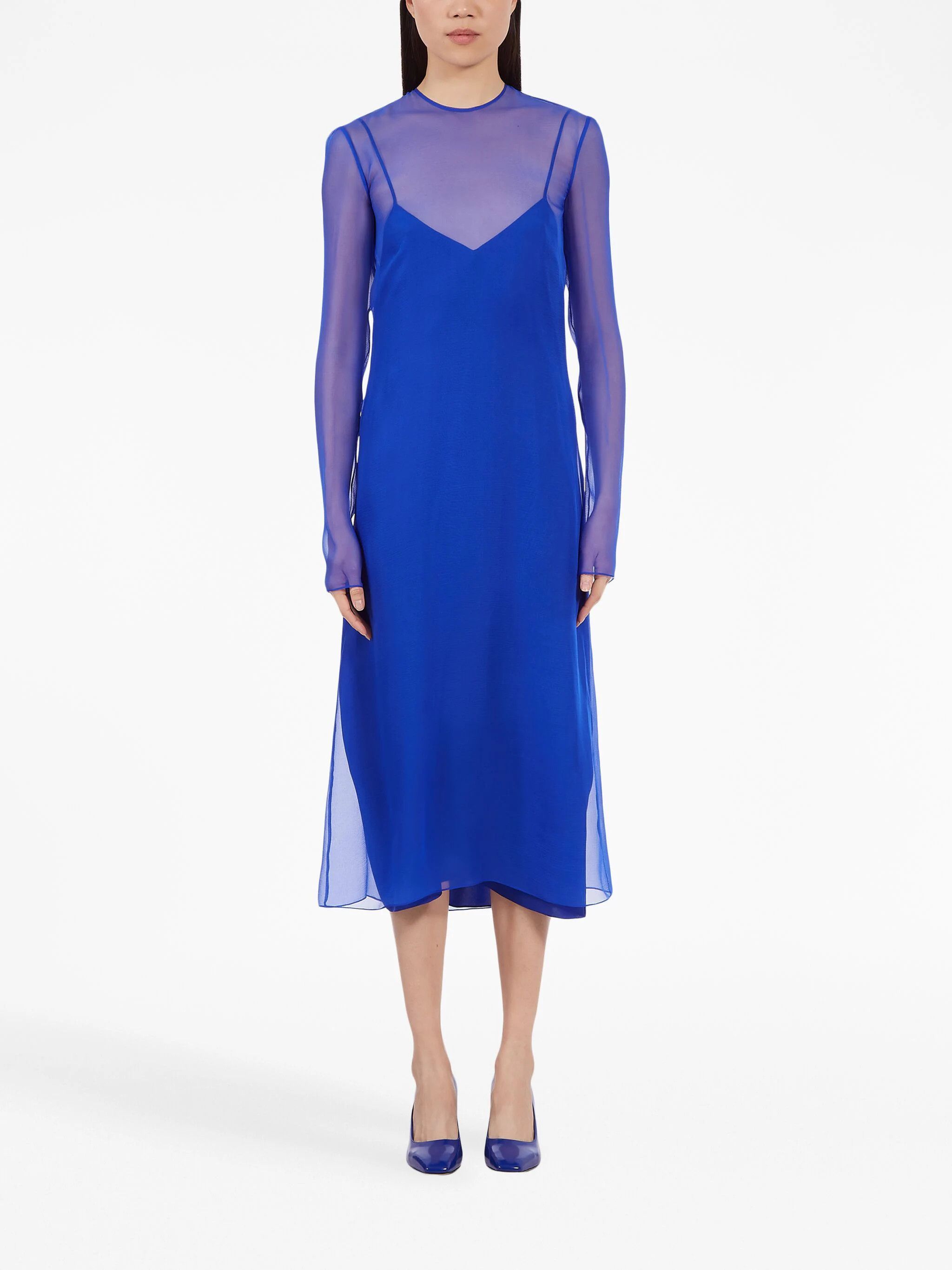 Salvatore Ferragamo o1s1rm0924 Silk Midi Dress in Blue Size L / US 10 / IT 46 - 2 Thumbnail
